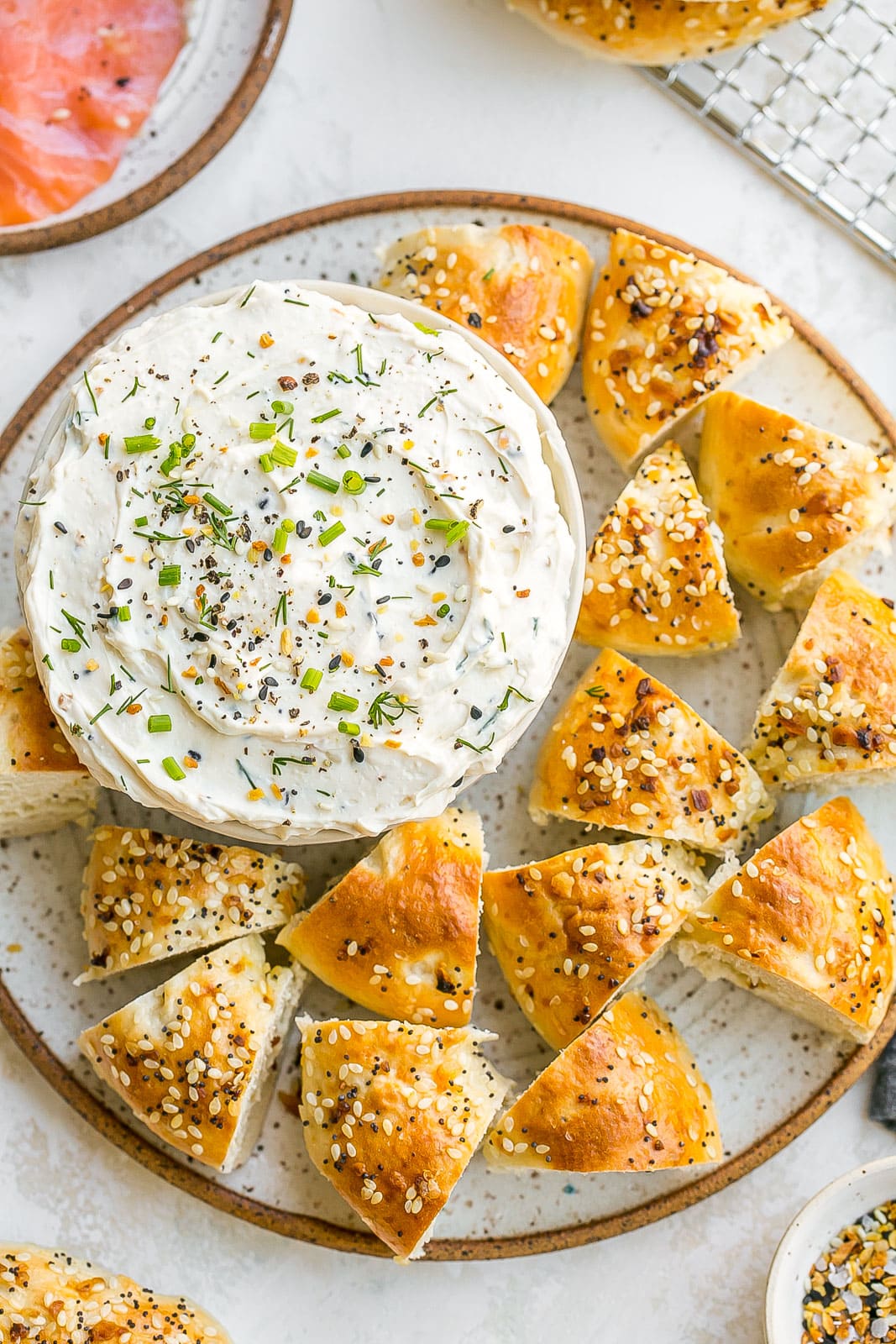 Bagel dip with chopped bagels.
