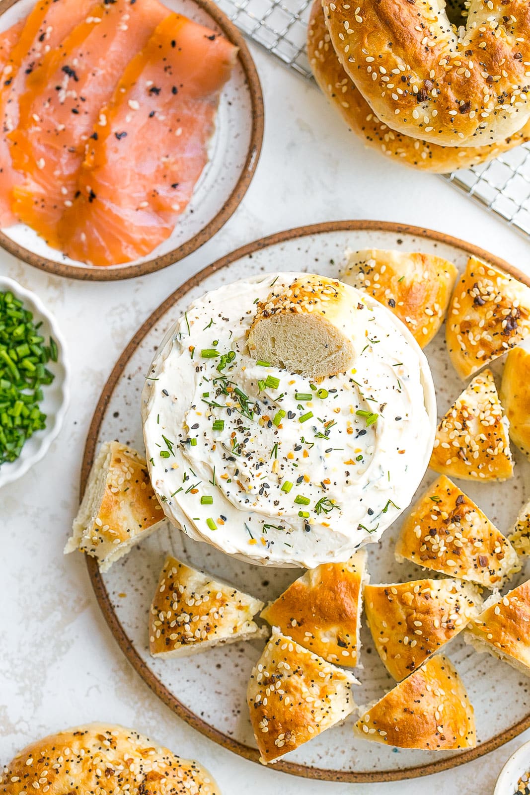 Smoked salmon, dip, and bagels.
