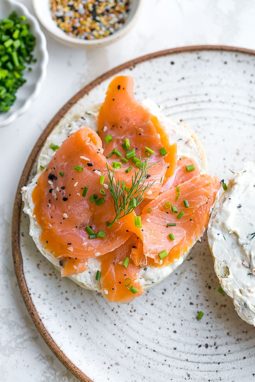 Smoked salmon on a bagel.