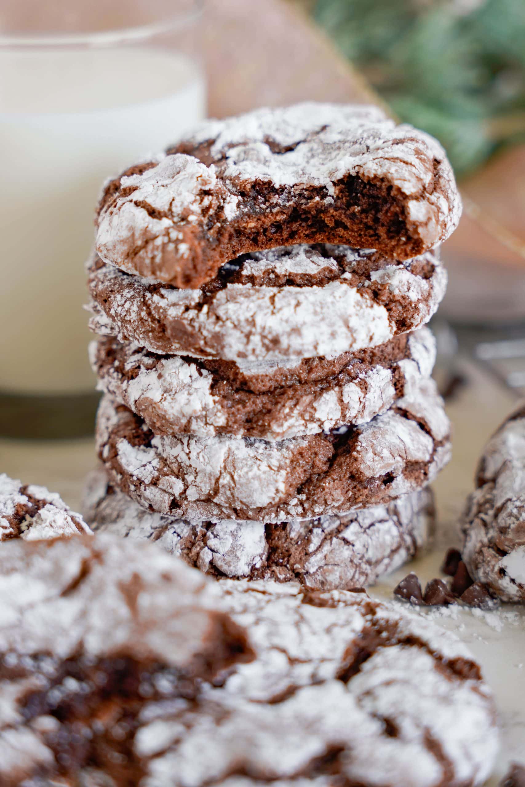 Stack of Chocolate Crinkle Cookies with Cake Mix.