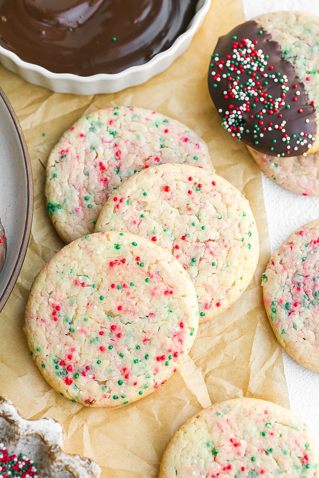 Cake mix cookies with red and green sprinkles.