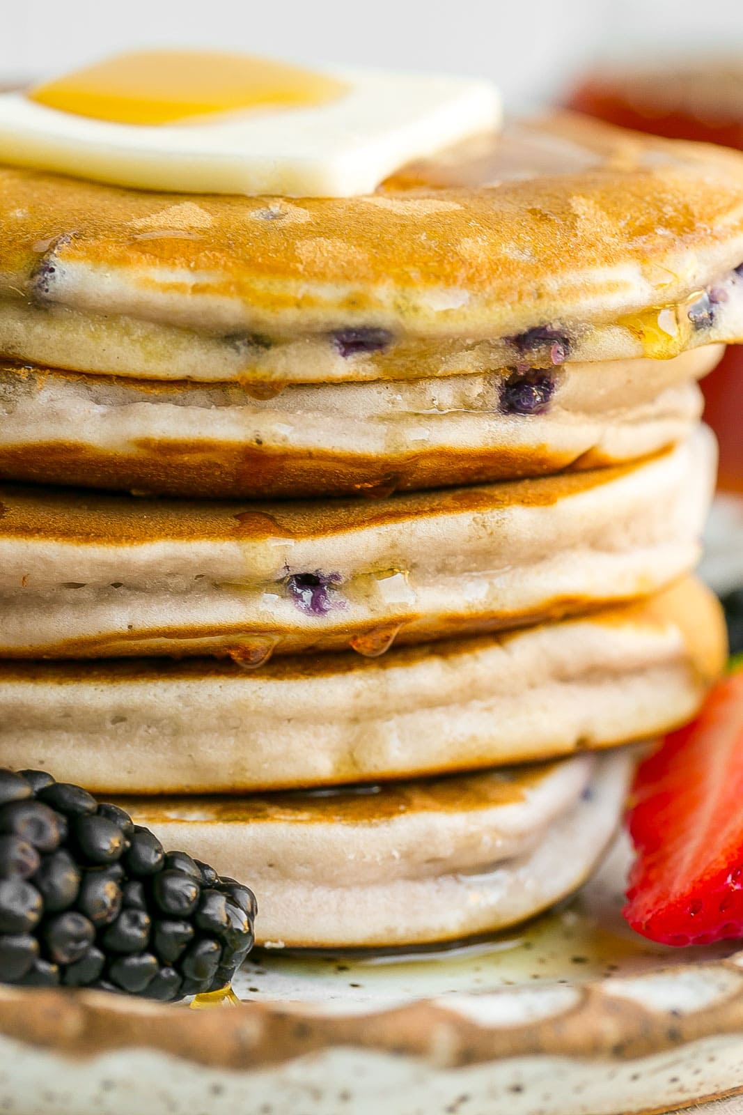 Side view of stack of pancakes.