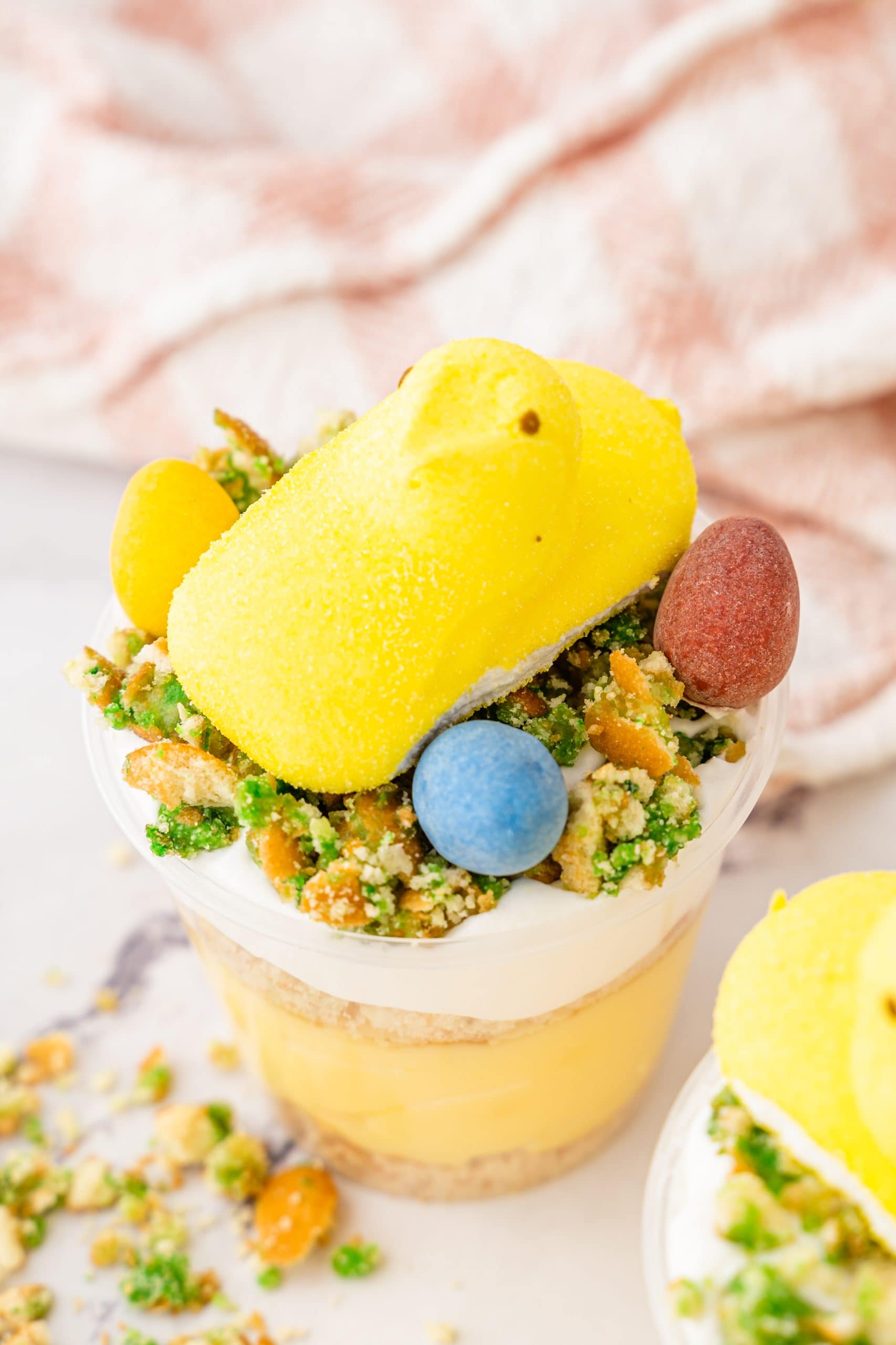 Close up of pudding cup with Easter peeps.