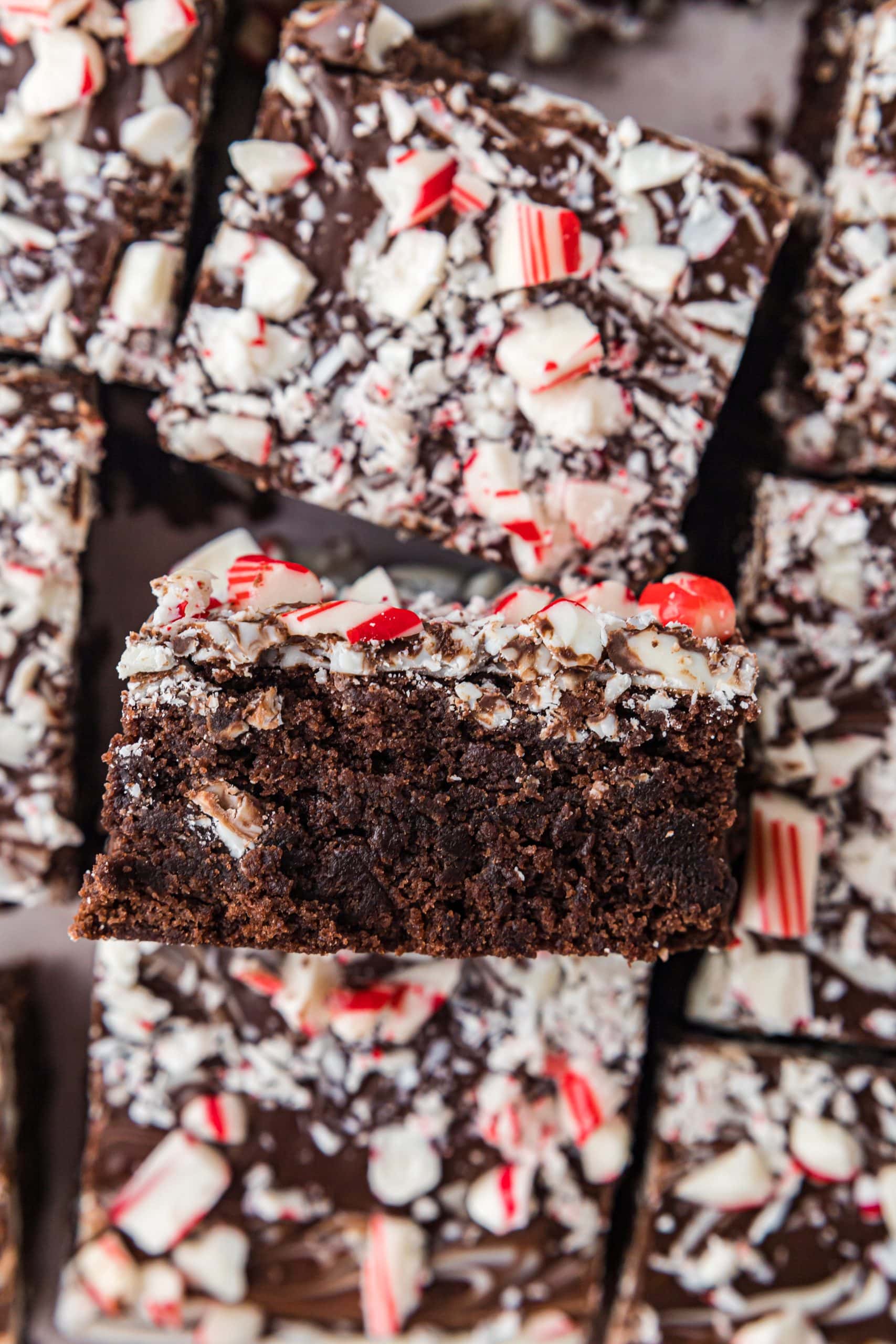 Side view of peppermint bark brownie recipe.