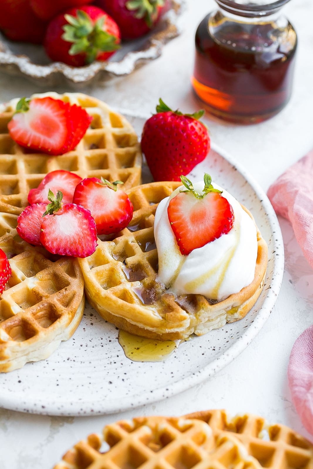 Waffle with fresh strawberries.