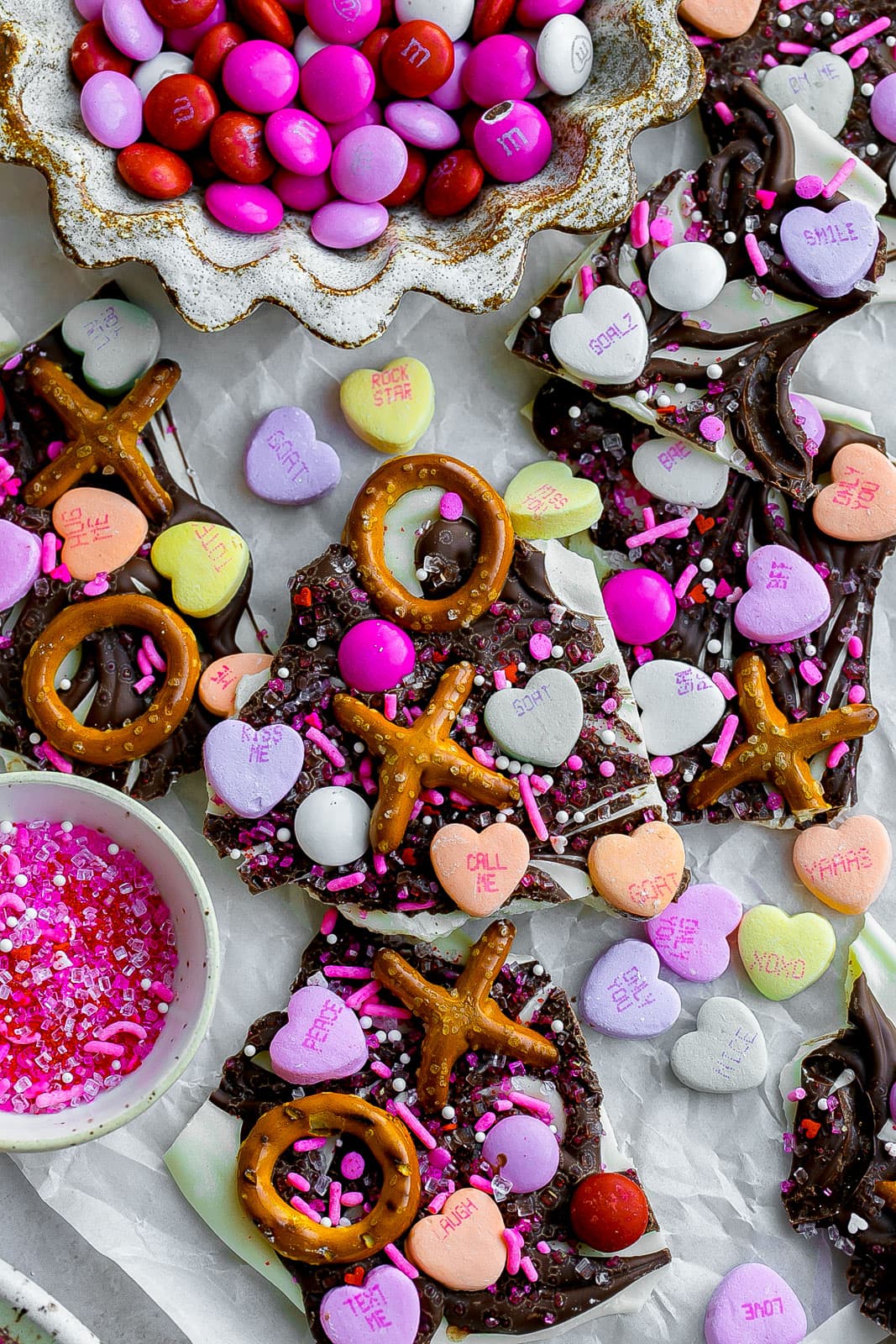 Valentine Bark with candy on top.