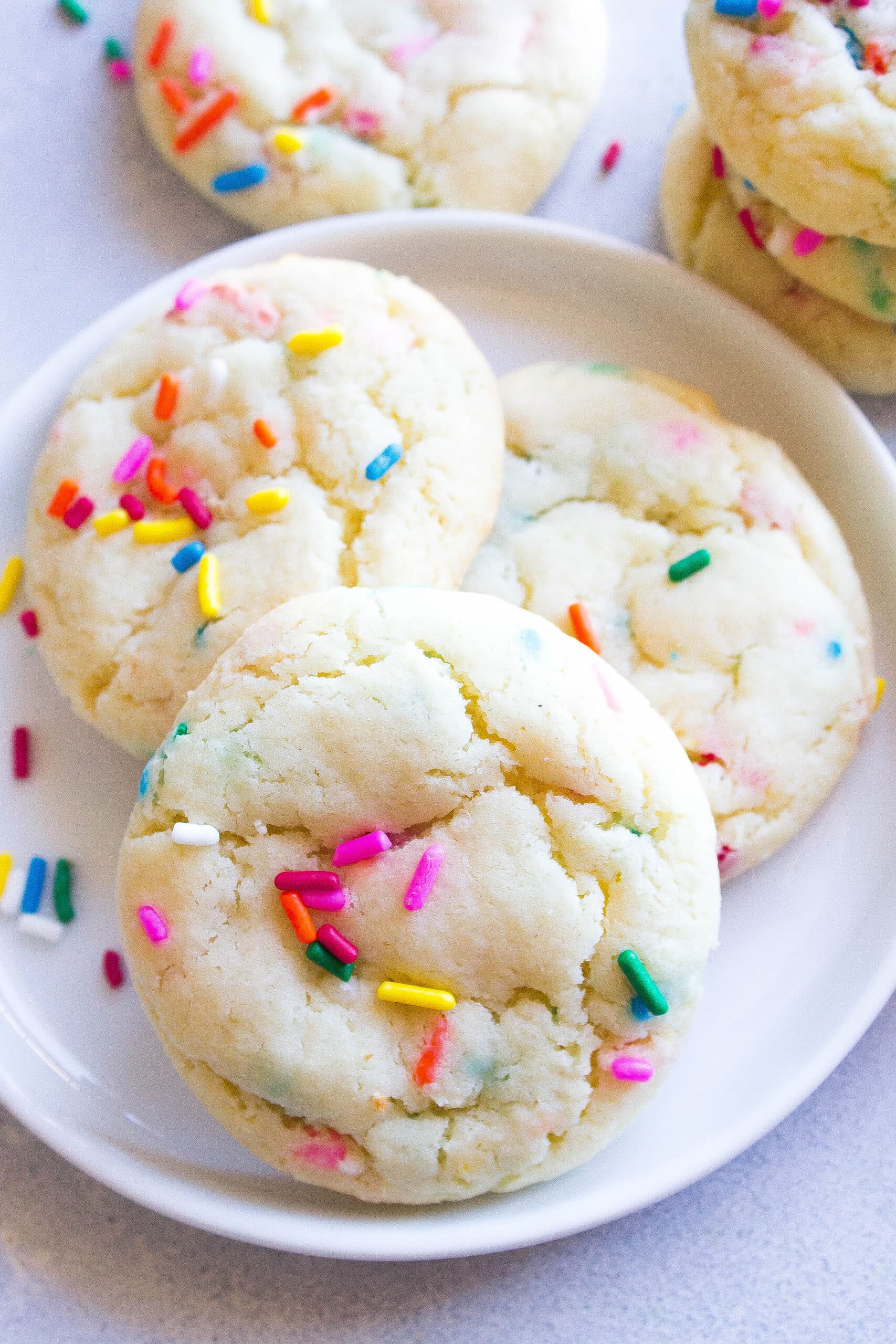 White plate with Funfetti Cake Mix Cookies.