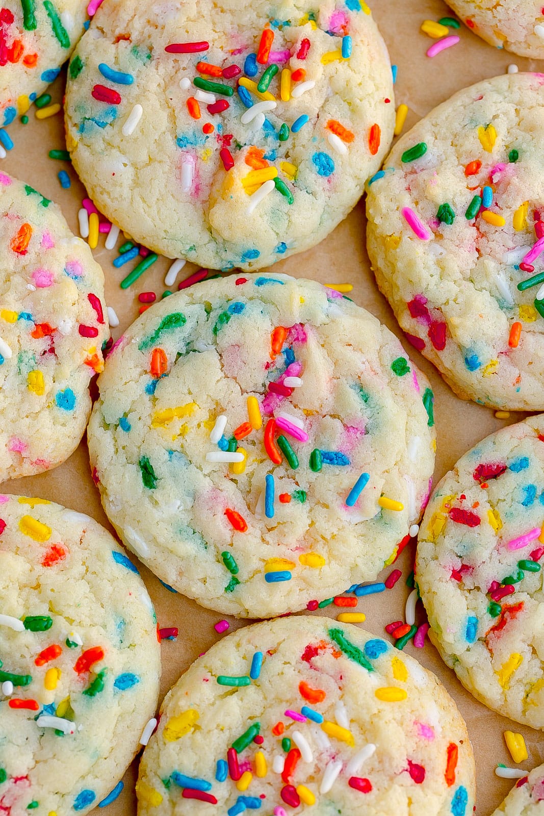 Close up of funfetti cookies with lots of sprinkles.