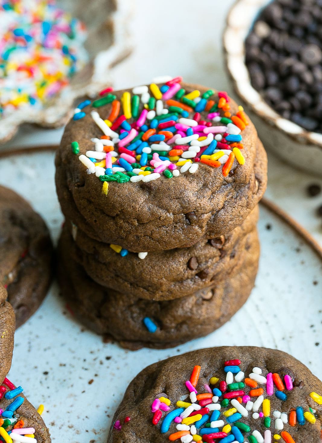 Stack of Chocolate Sprinkle Cookies.