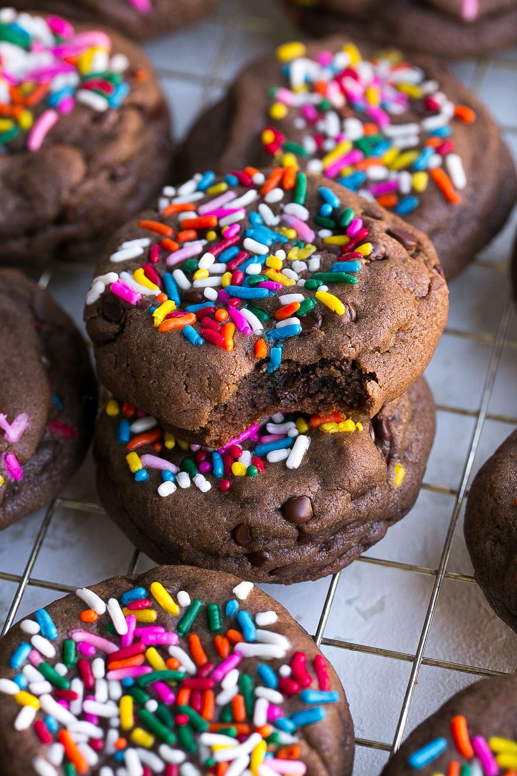 Chocolate Sprinkle Cookies on a wire rack.