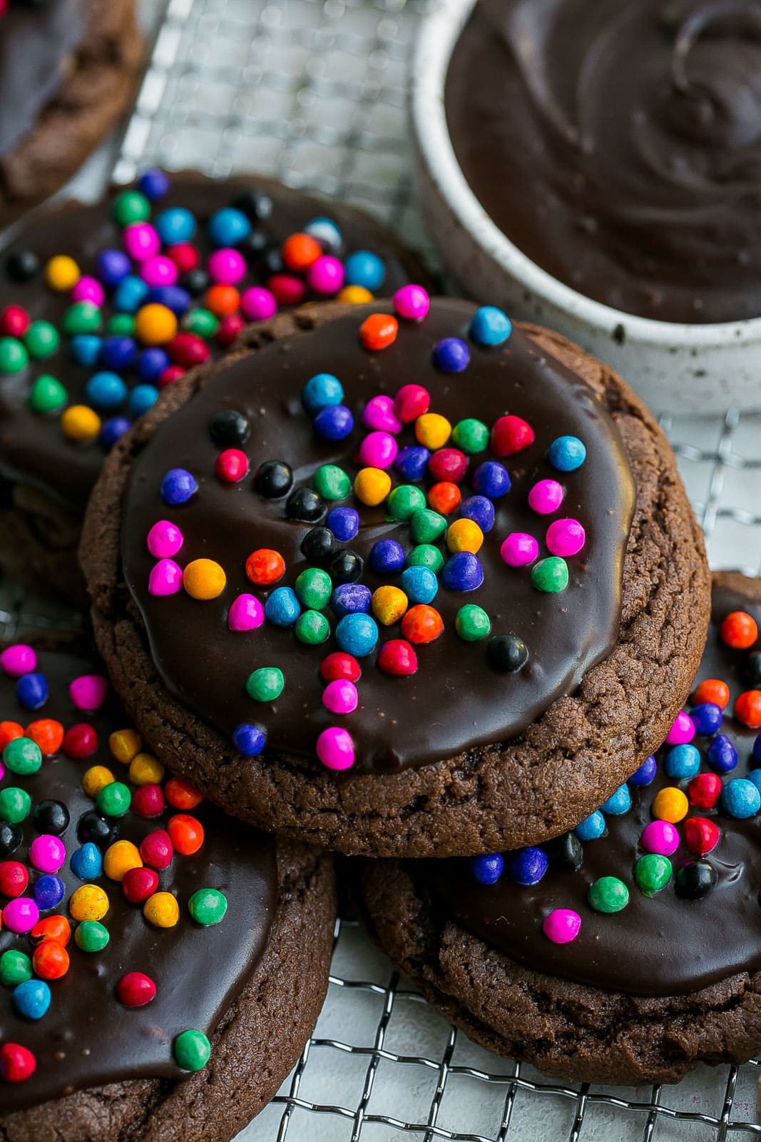 Jumbo cookie with chocolate frosting and sprinkles.