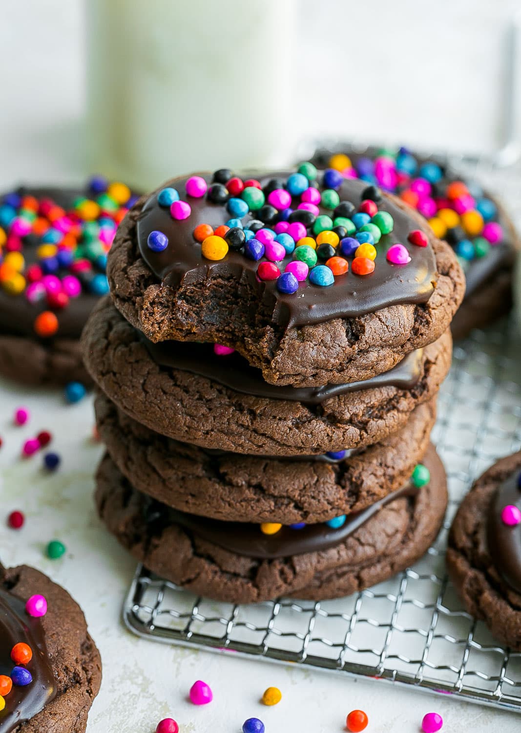Stack of Brownie Cookies with bite mark.