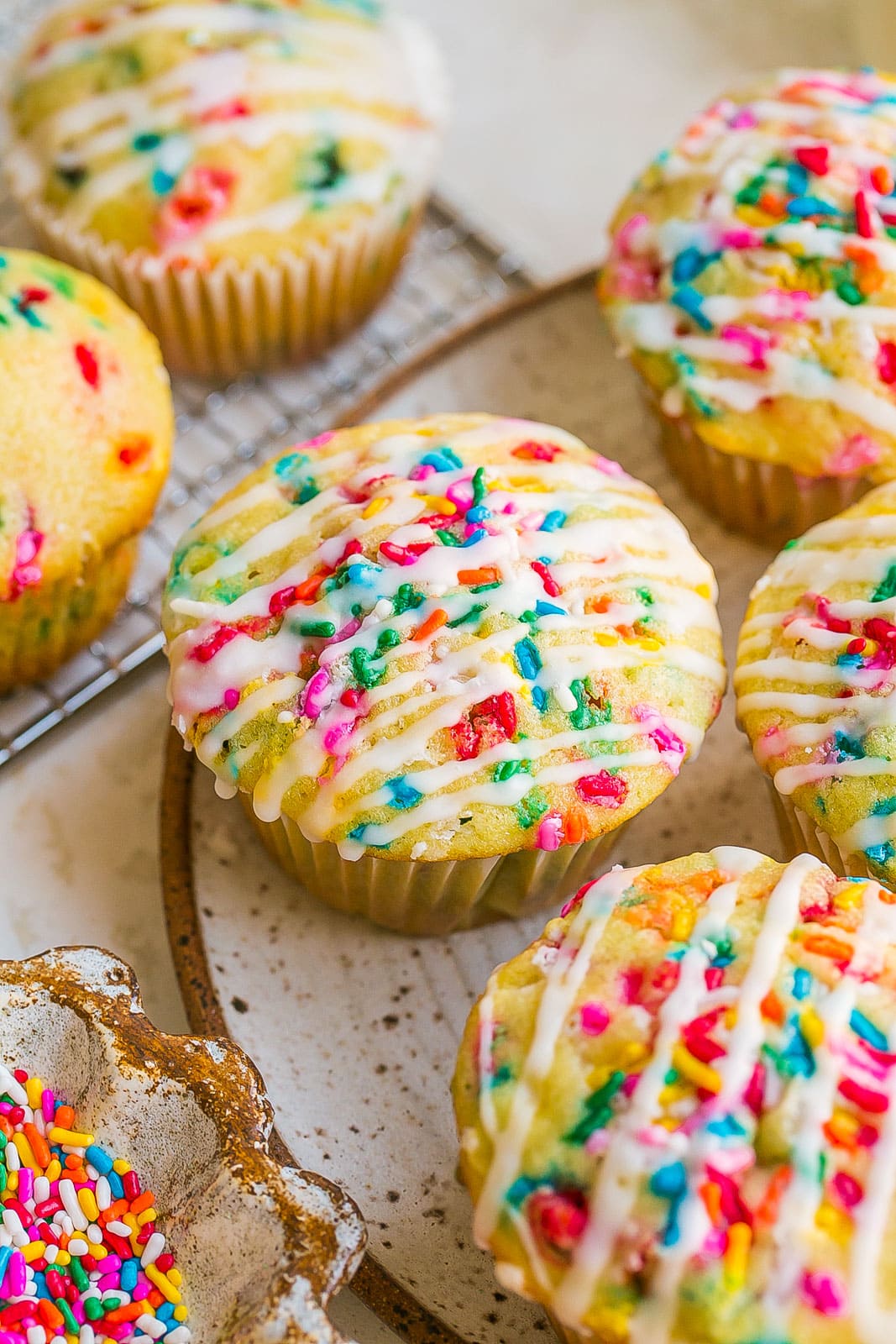 Funfetti muffins with vanilla glaze.