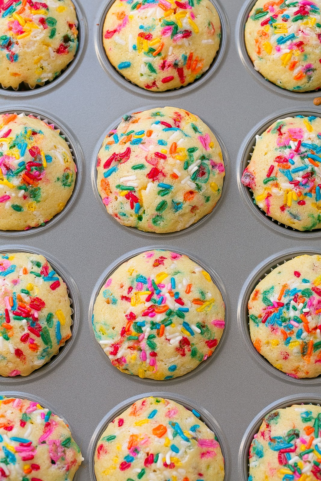 Cupcake pan of sprinkled muffins.