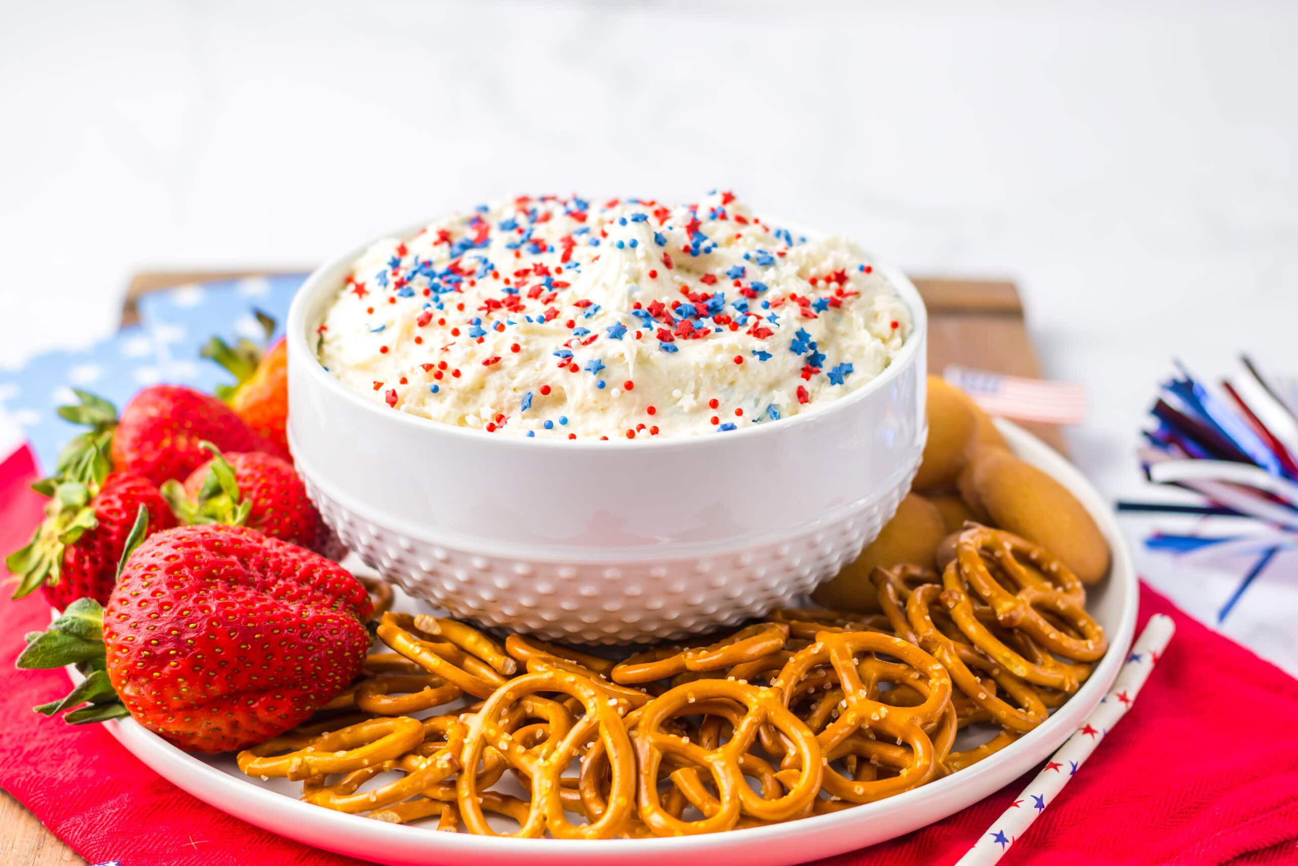 Red, white and blue dip on a platter.