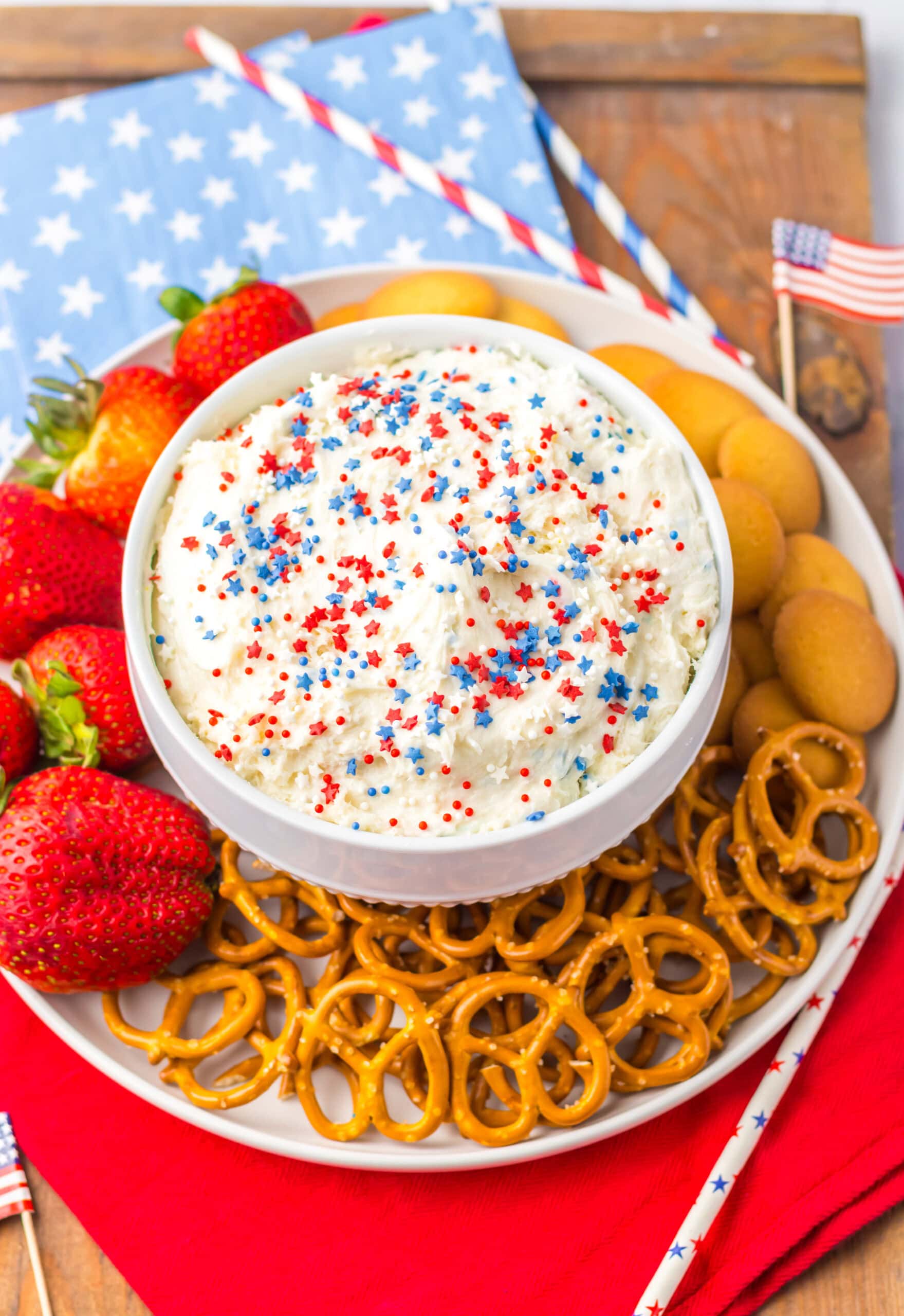 4th of July Cake Batter Dip with dippers.
