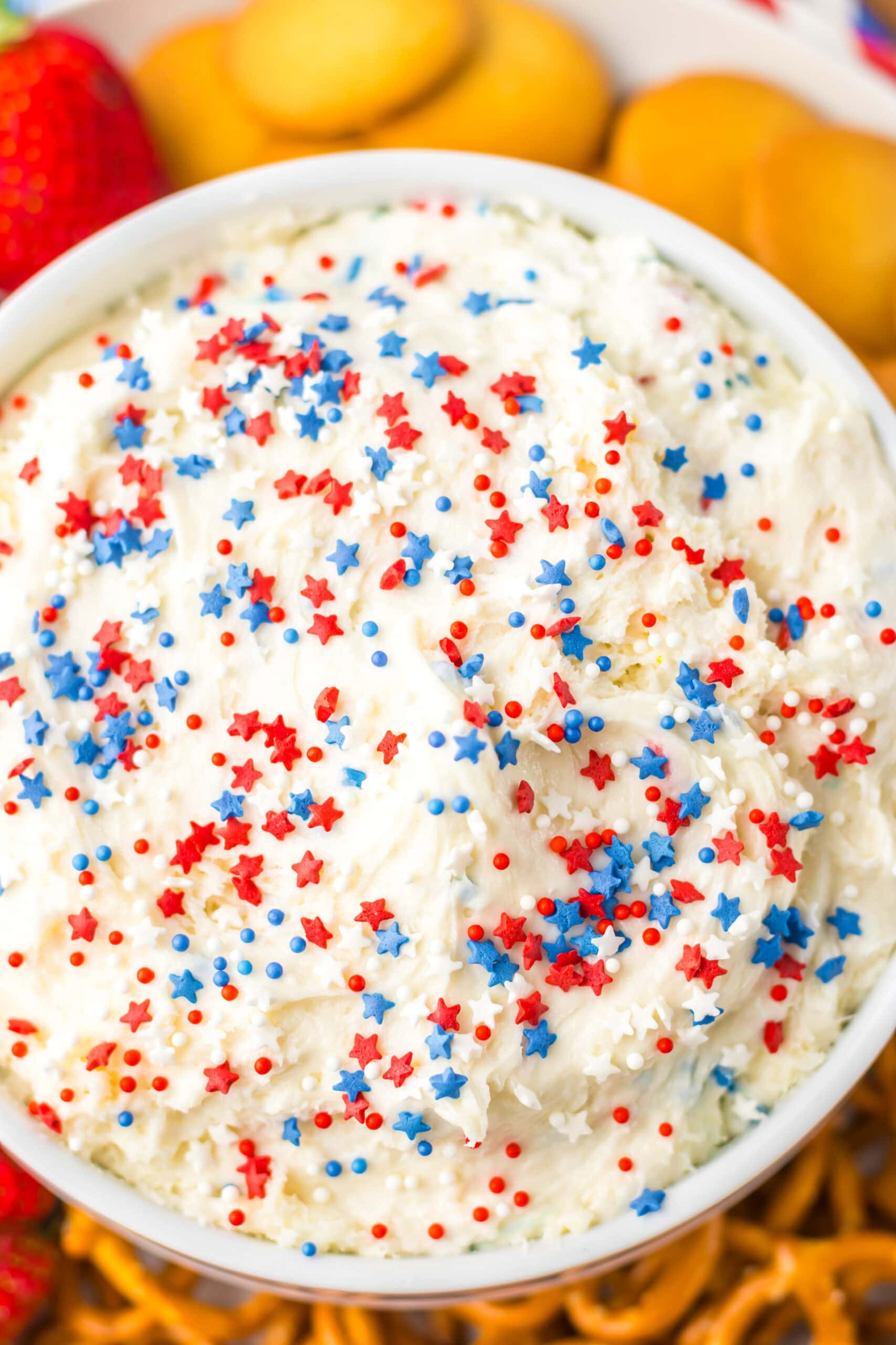 Red, white and blue dip with sprinkles.