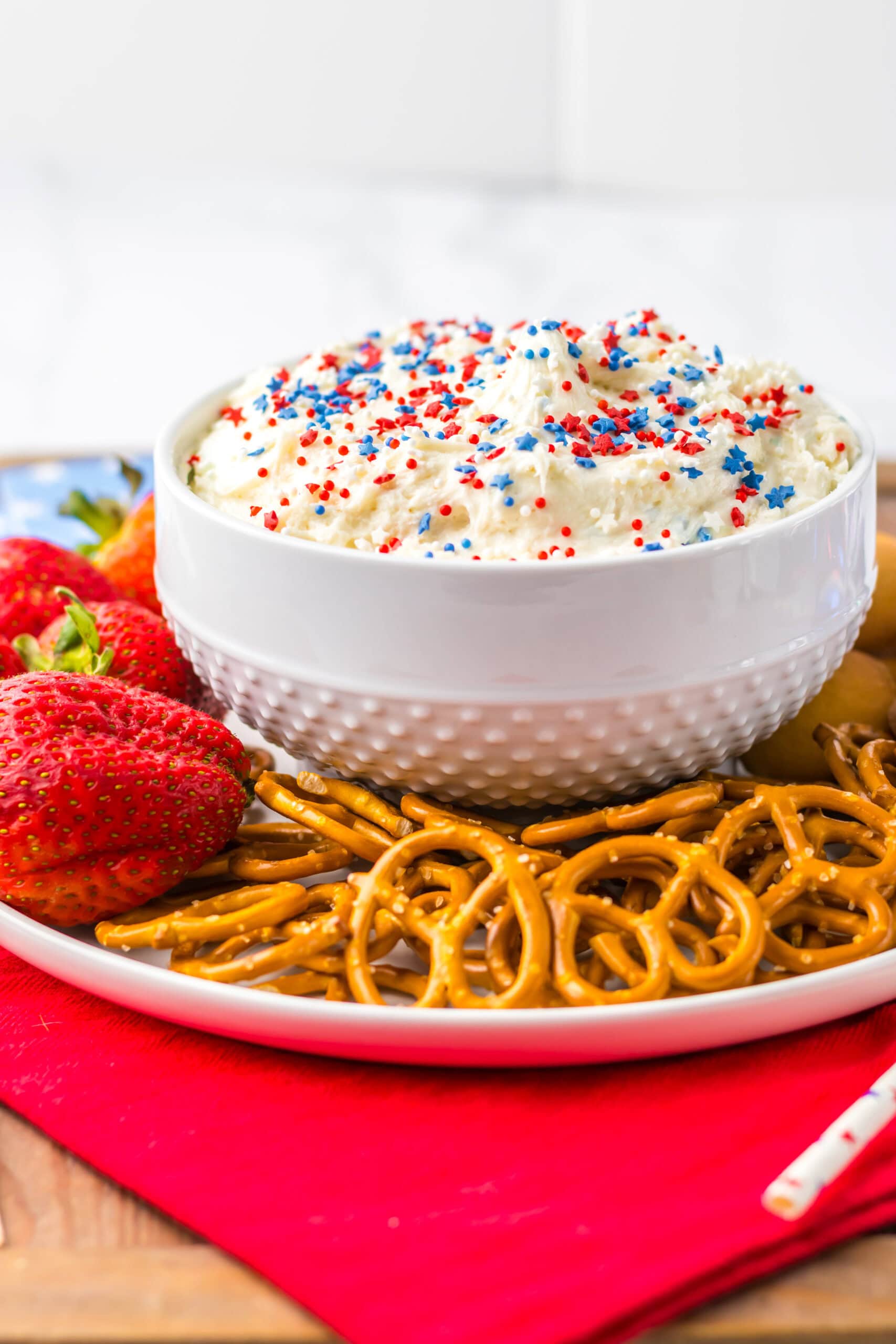 Bowl of 4th of July Cake Batter Dip with dippers.