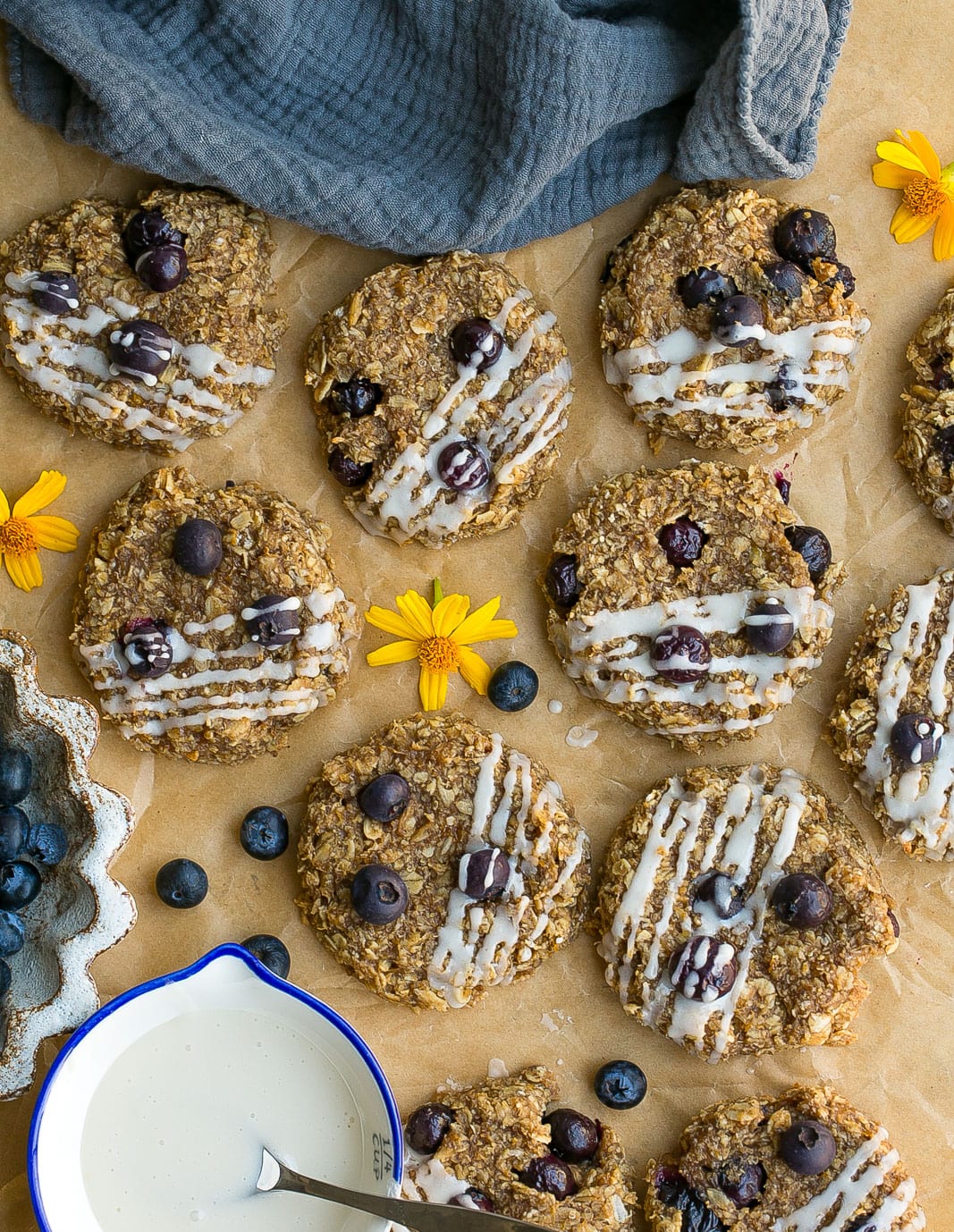 Banana Blueberry Oatmeal Breakfast Cookies on parchment paper.