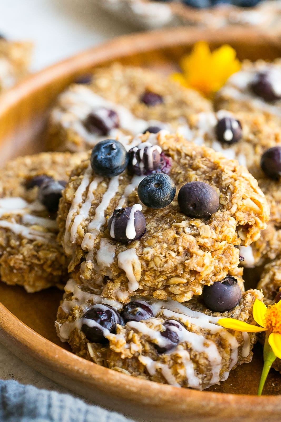 Banana Blueberry Oatmeal Breakfast Cookies with icing.