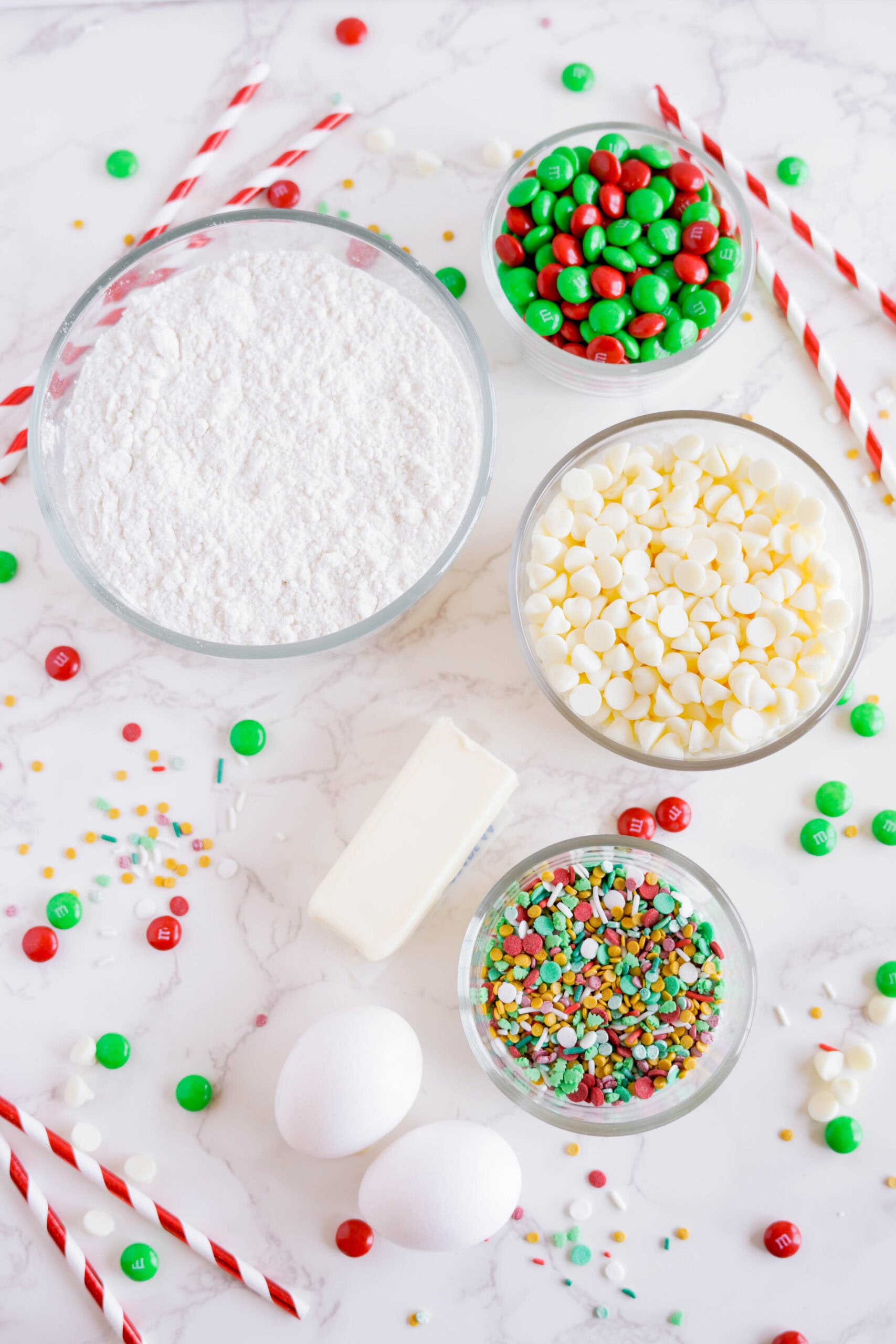 Ingredients for M&M Christmas Cookie Bars.