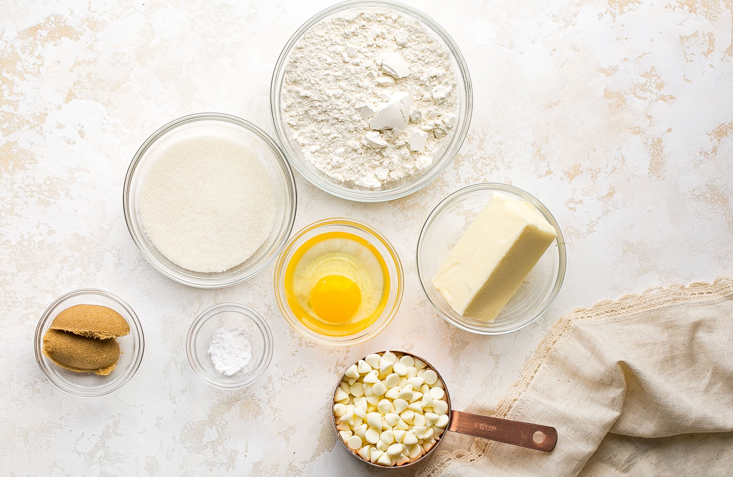 Ingredients for White Chocolate Chip Cookies recipe.