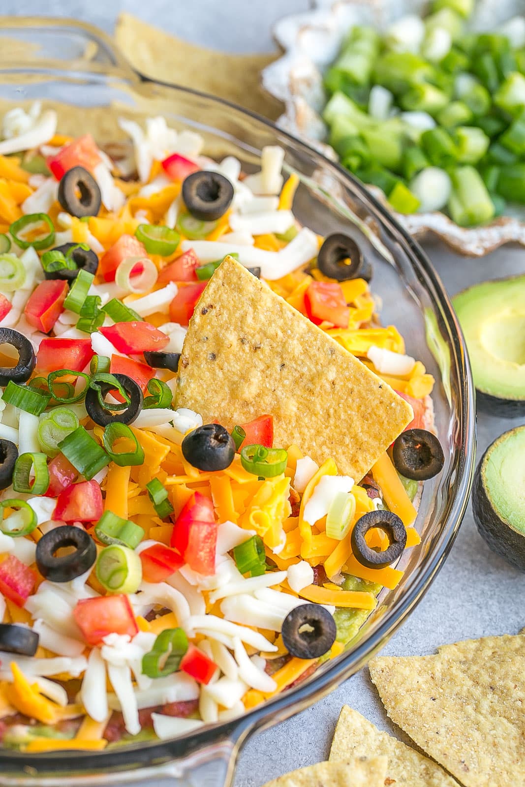 5 Layer Bean Dip in pie dish.