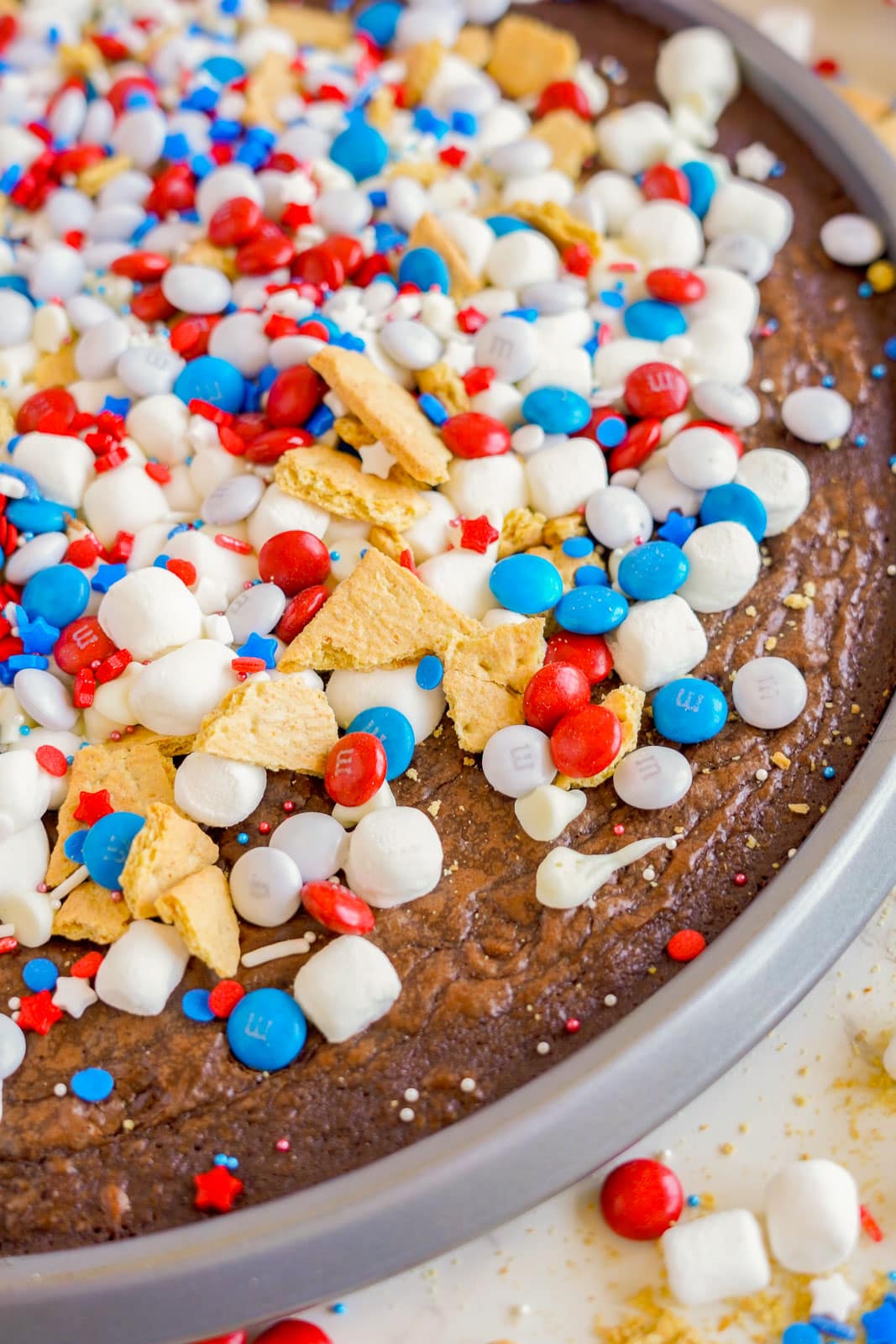 S'more pizza with patriotic candy toppings.