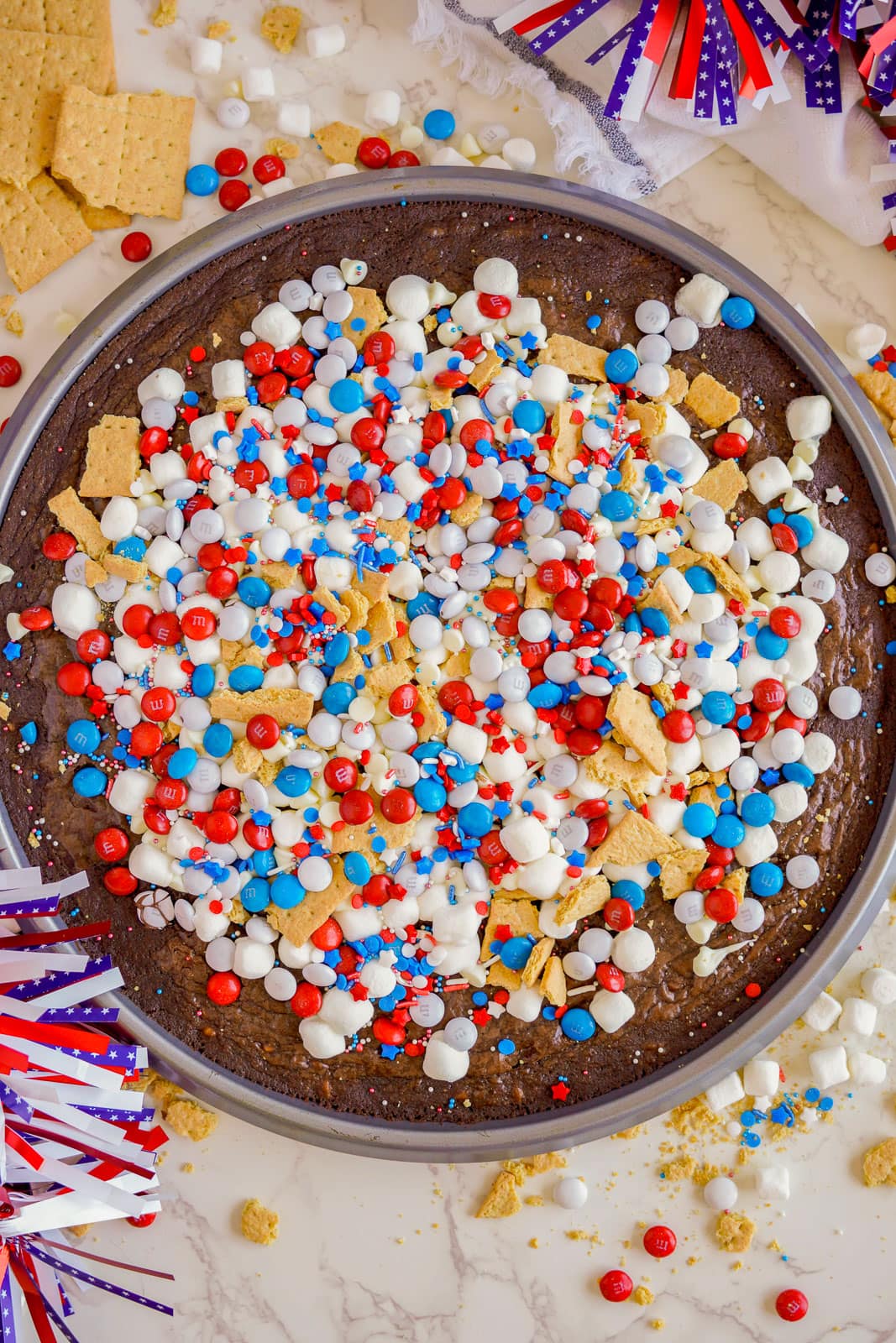 Brownie Pizza with patriotic toppings.