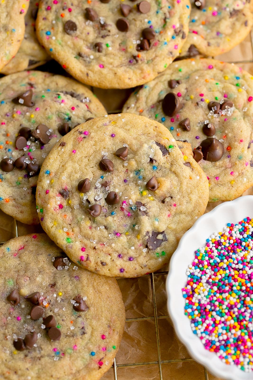 Cookies with rainbow sprinkles and chocolate chips.