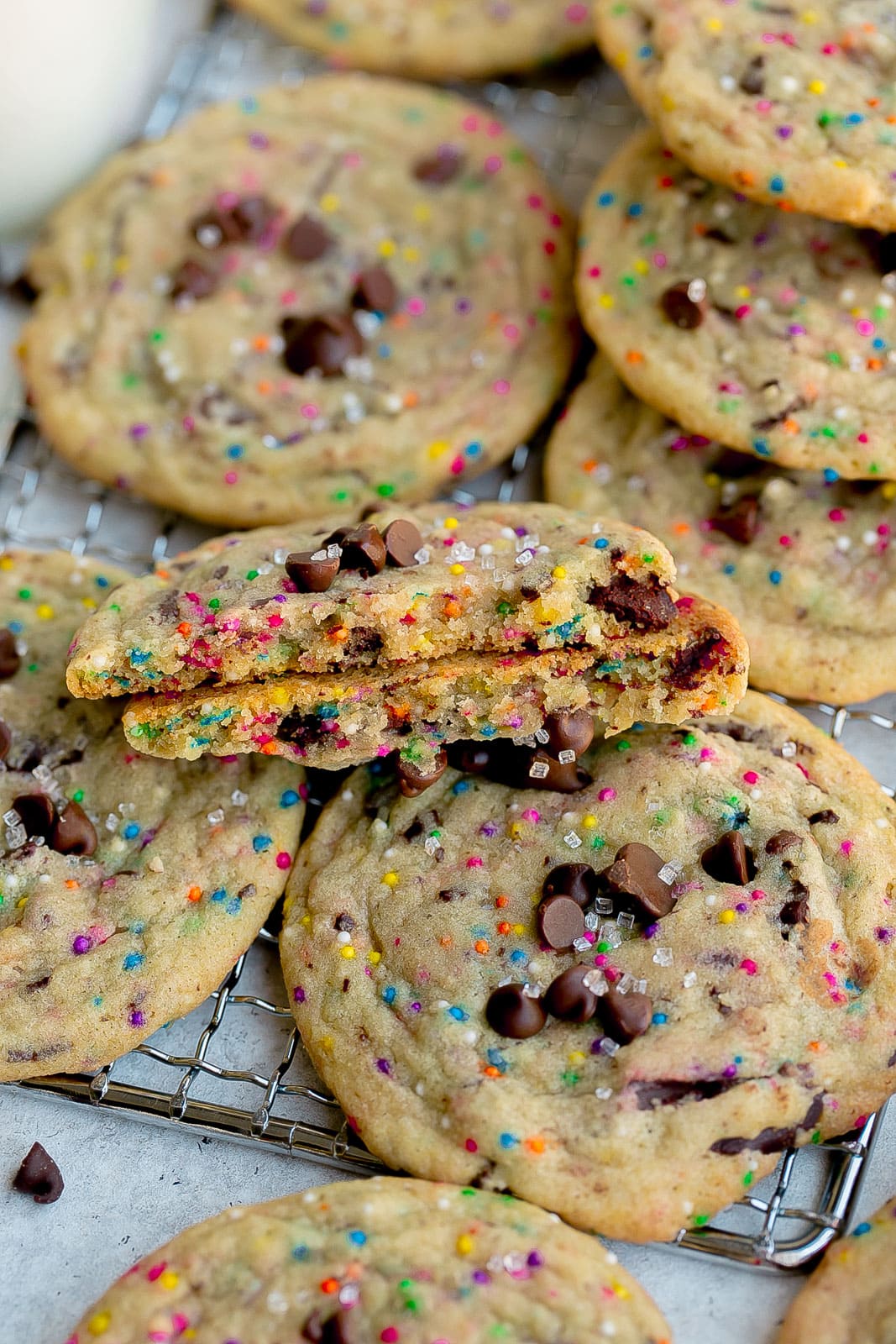 Sugar cookies with chocolate chips cut in half.