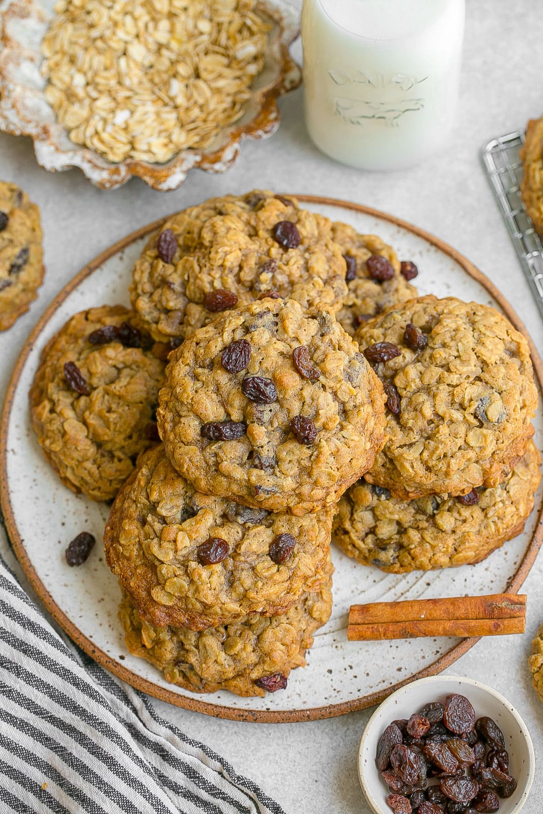 A plate of Giant Oatmeal Raisin Cookies.