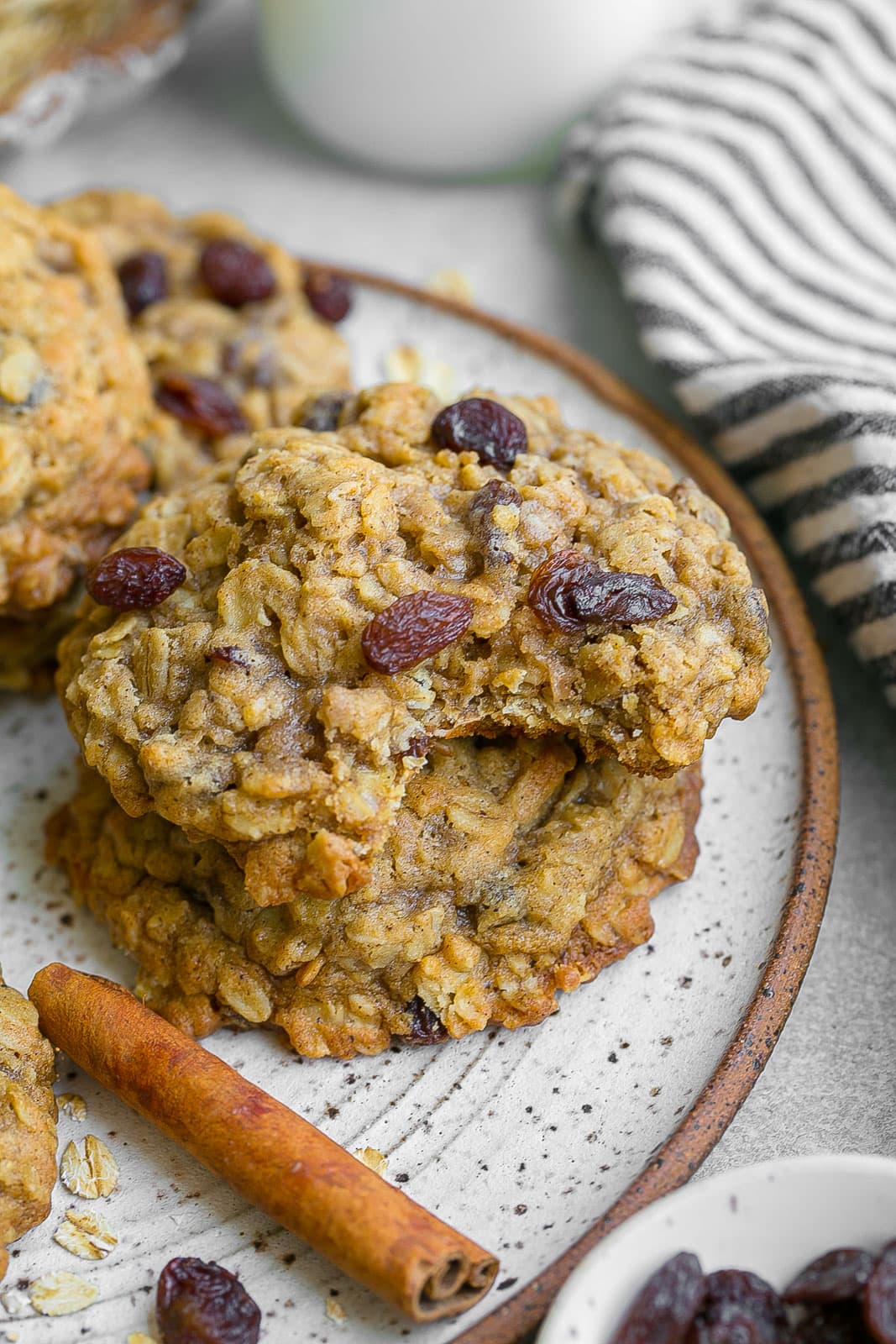 Side view with bite out of a Giant Oatmeal Raisin Cookie.