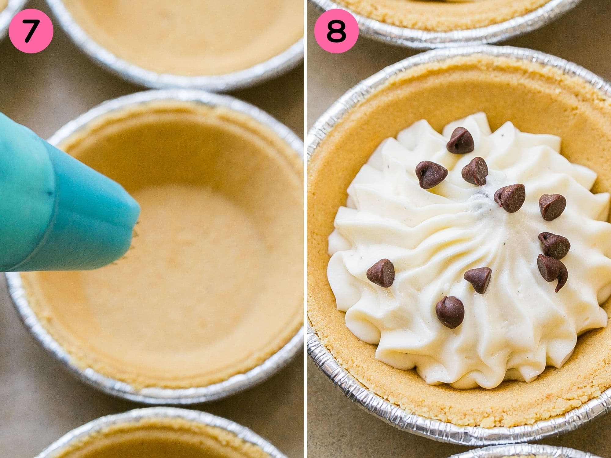 Cheesecake batter getting swirled into graham cracker crust. 