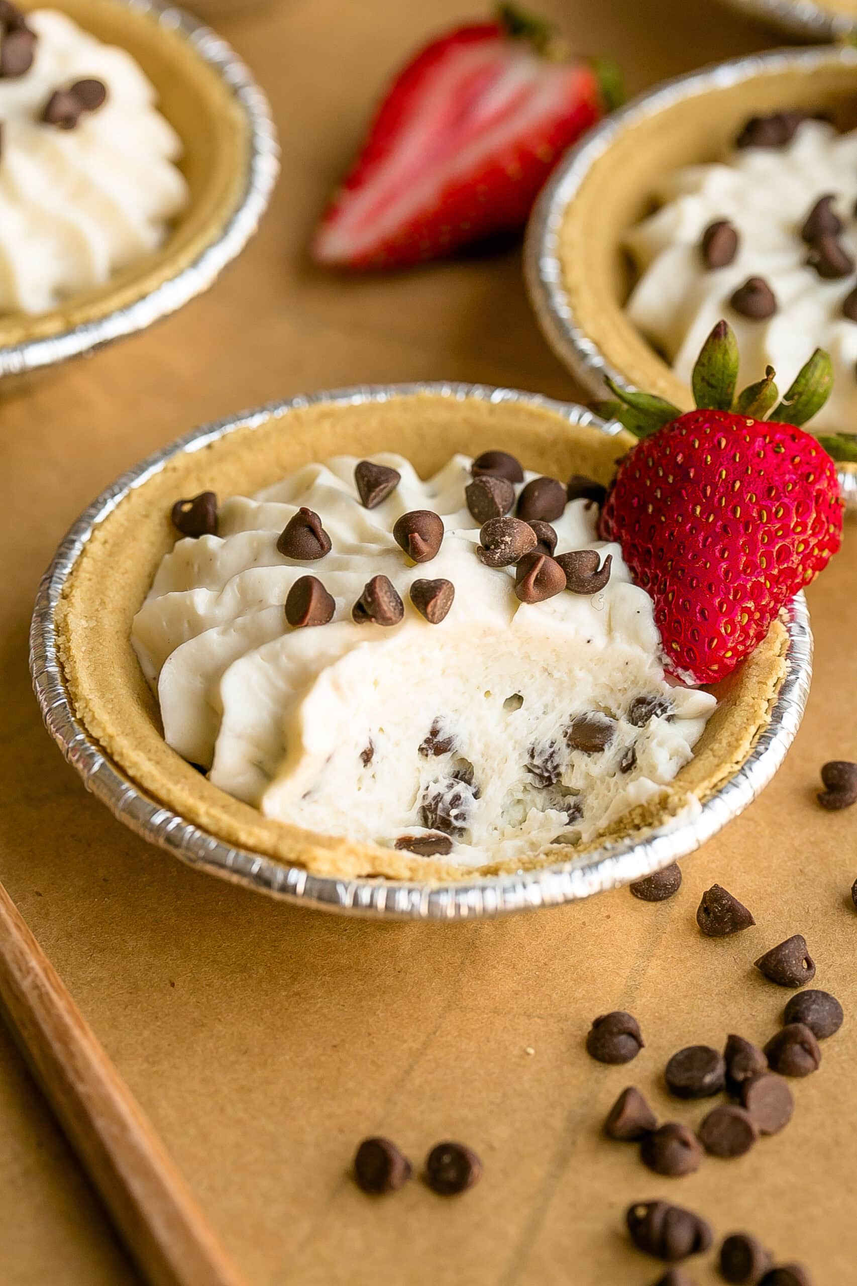 No bake cheesecake topped with mini chocolate chips.