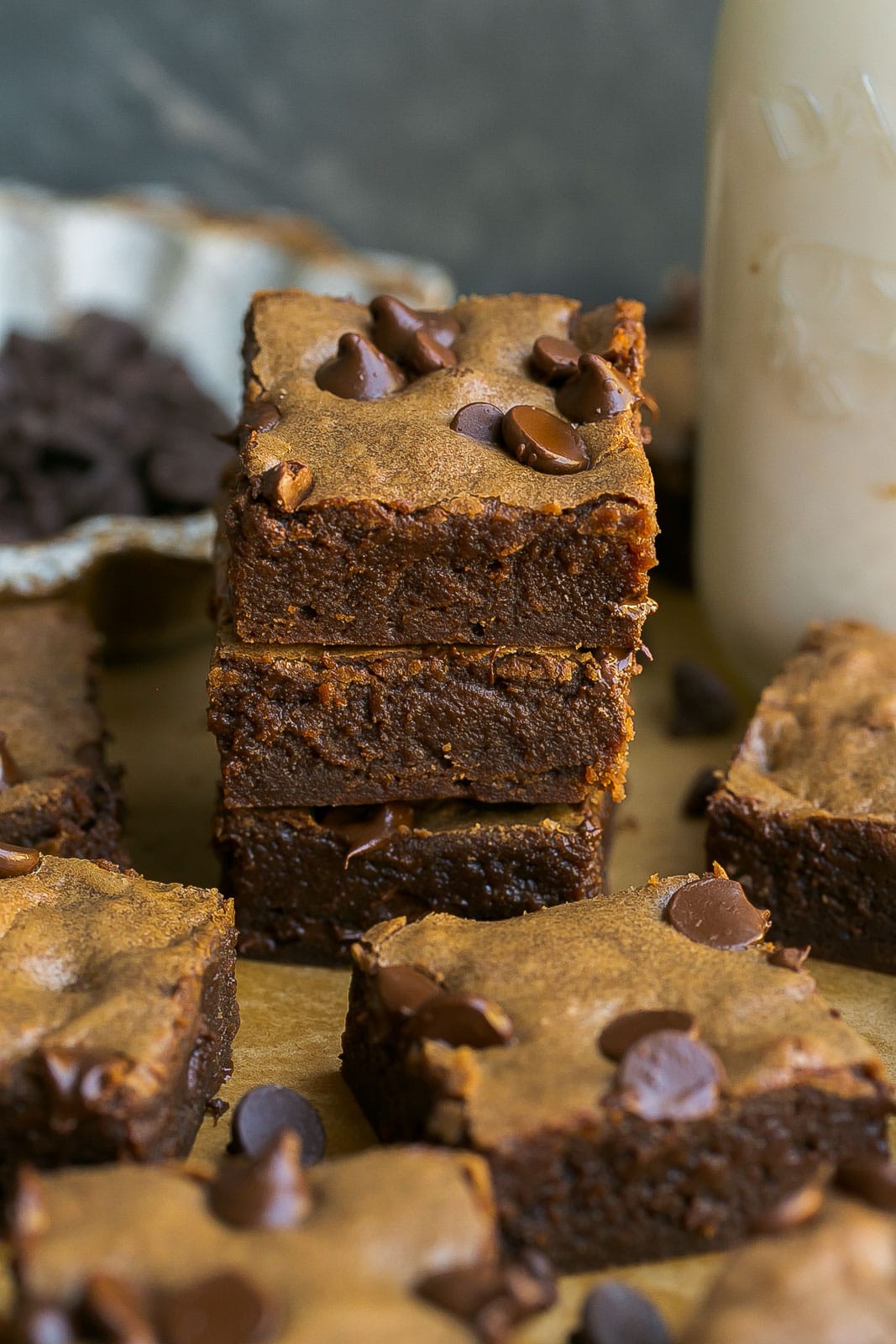 Stack of Chocolate Chip Brownies.