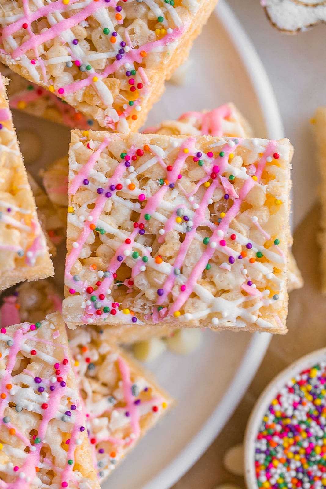 Close up of Rice Krispie Treats with white chocolate.