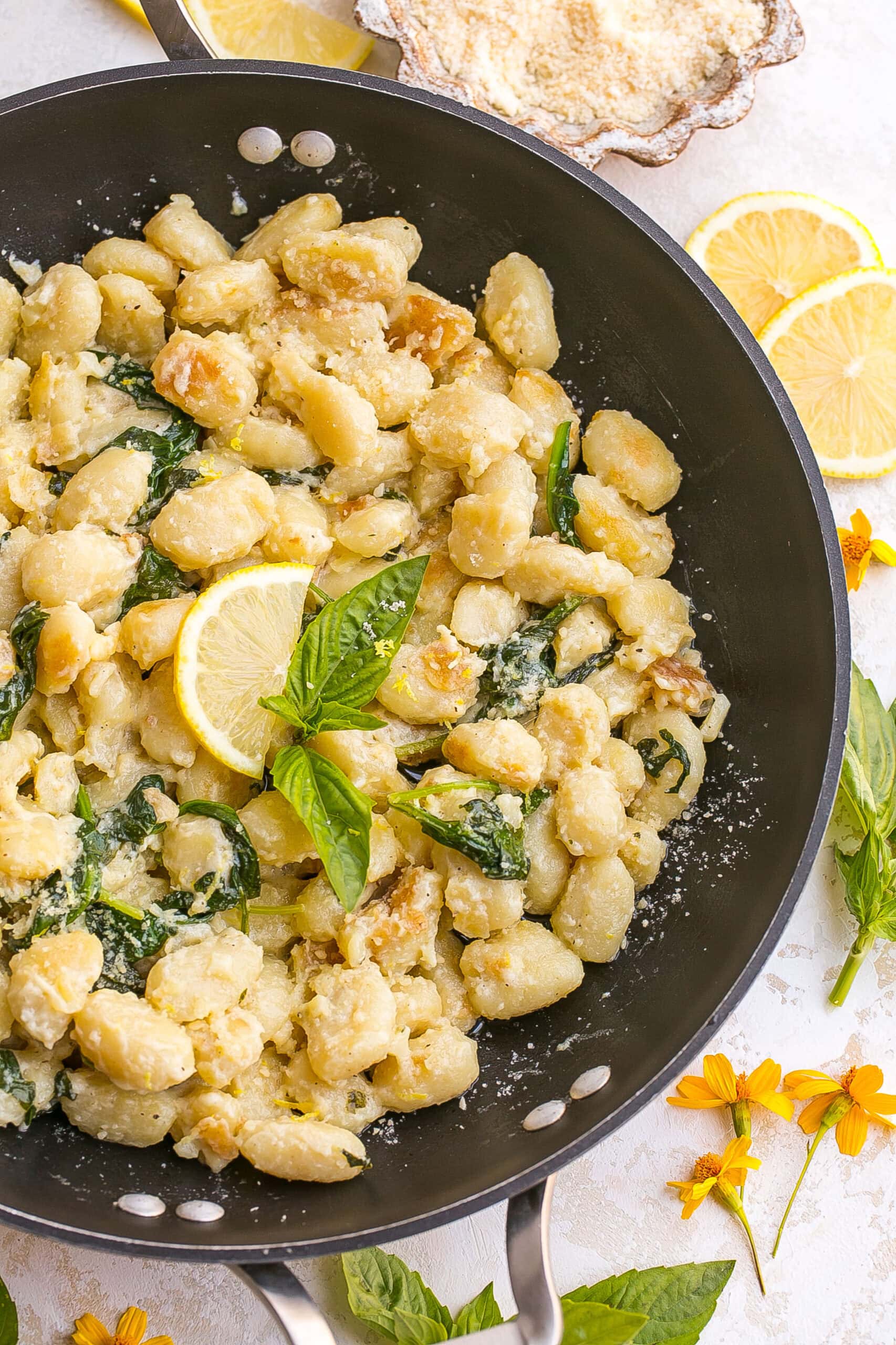 Garlic Parmesan Gnocchi in a skillet.