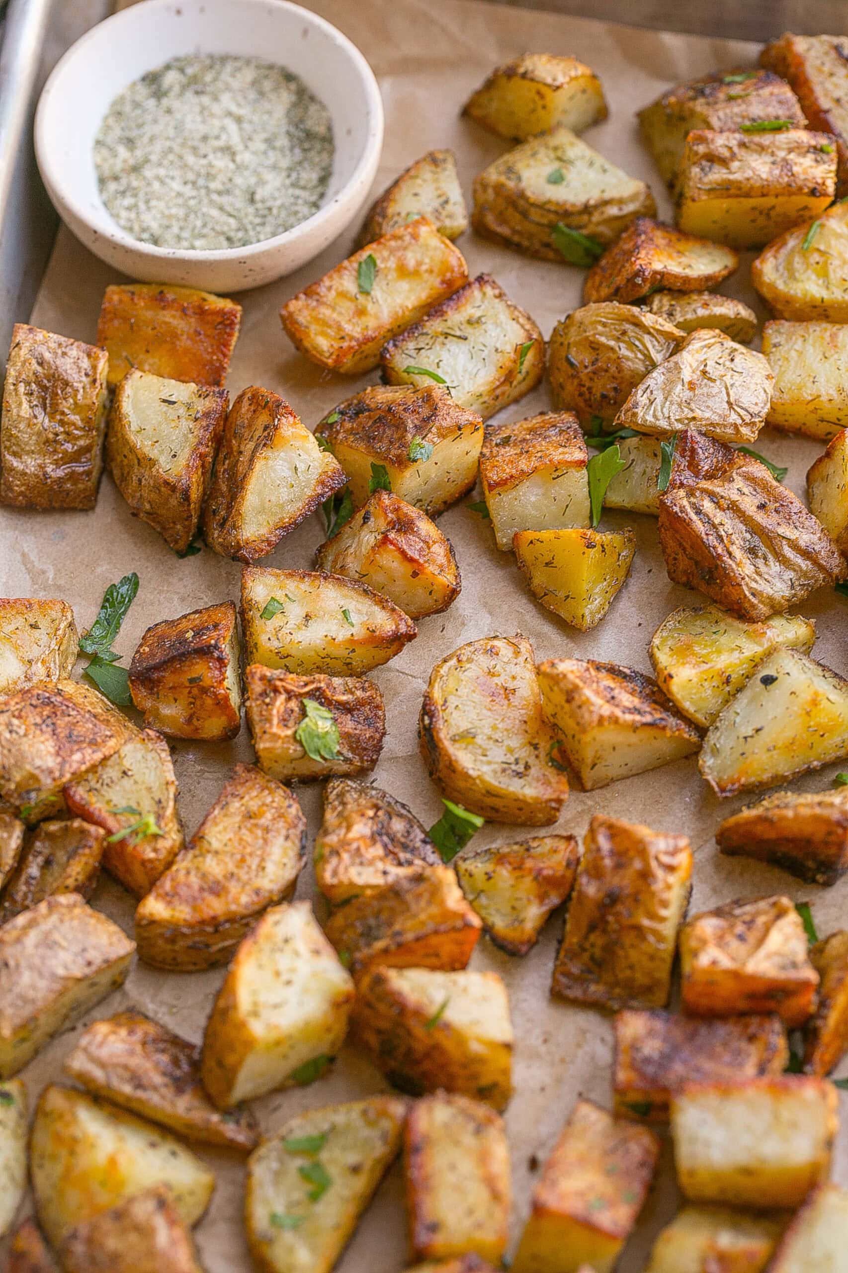 Ranch potatoes on baking sheet.