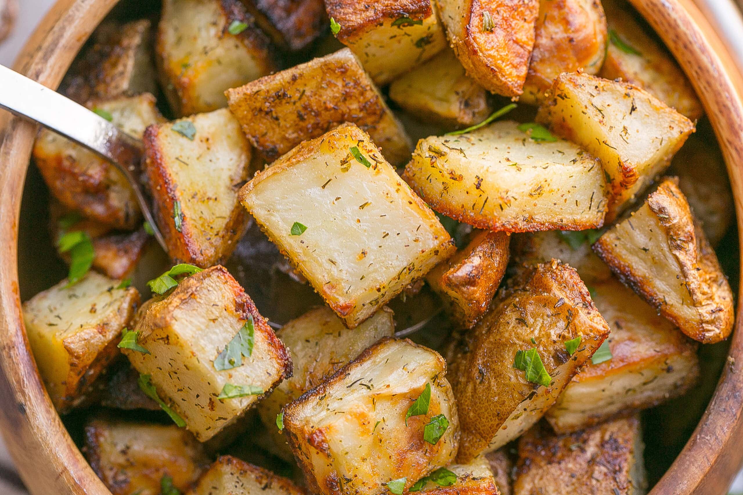 Ranch Roasted Potatoes in a wooden bowl.