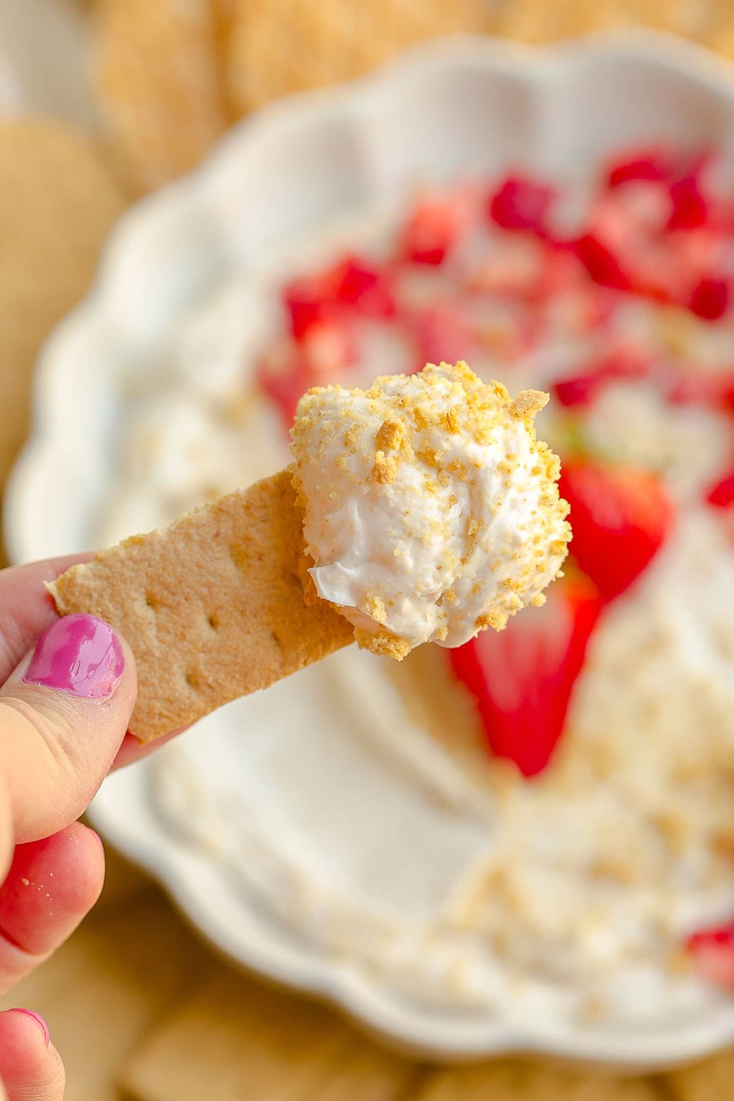 Graham cracker with strawberry shortcake dip.