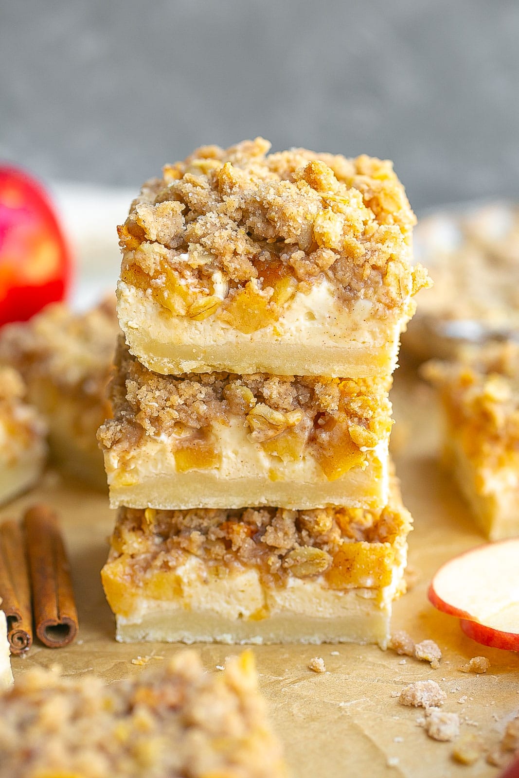 Stack of Caramel Apple Cheesecake Bars.