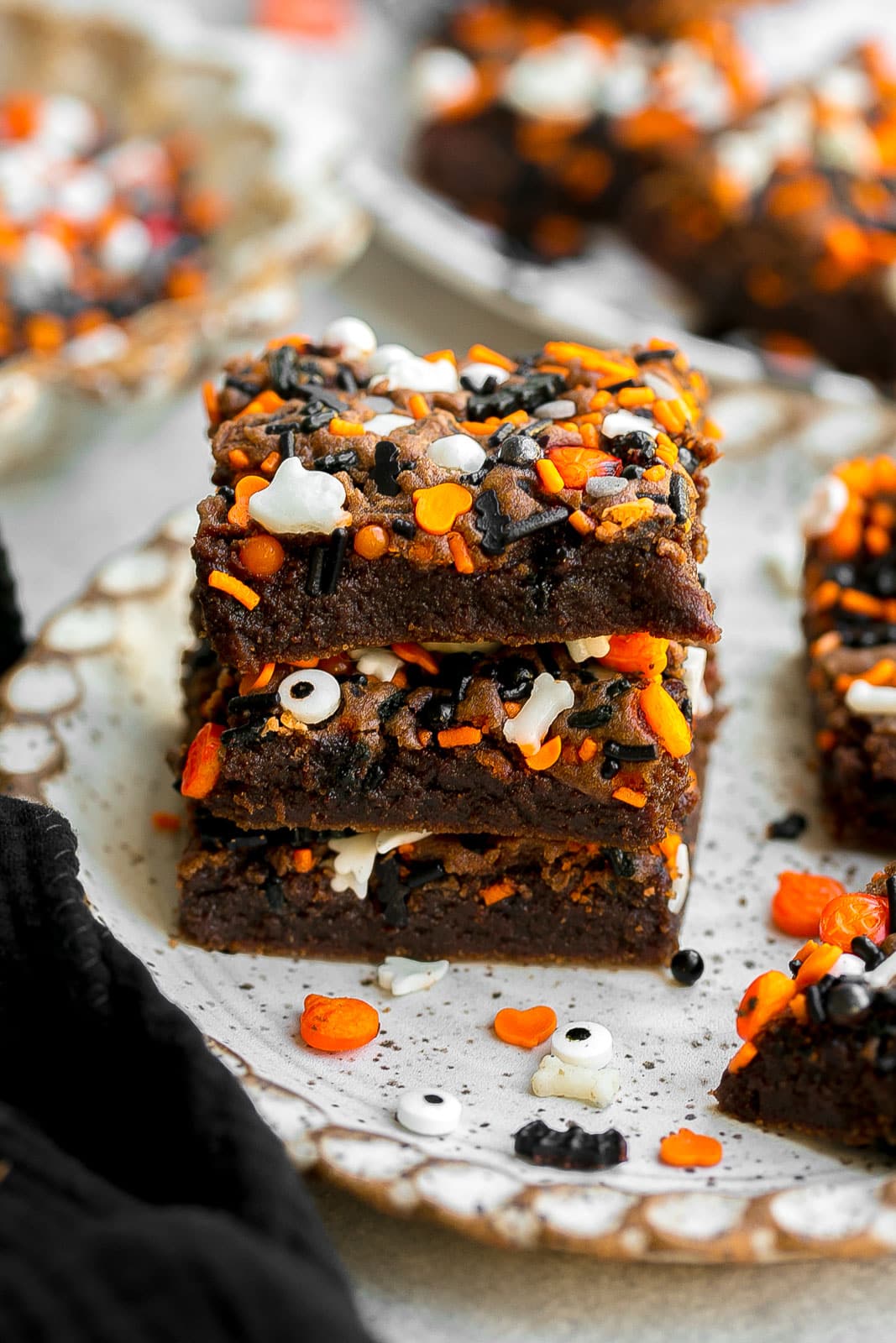 Side view of chocolate Halloween Cookie Bars.