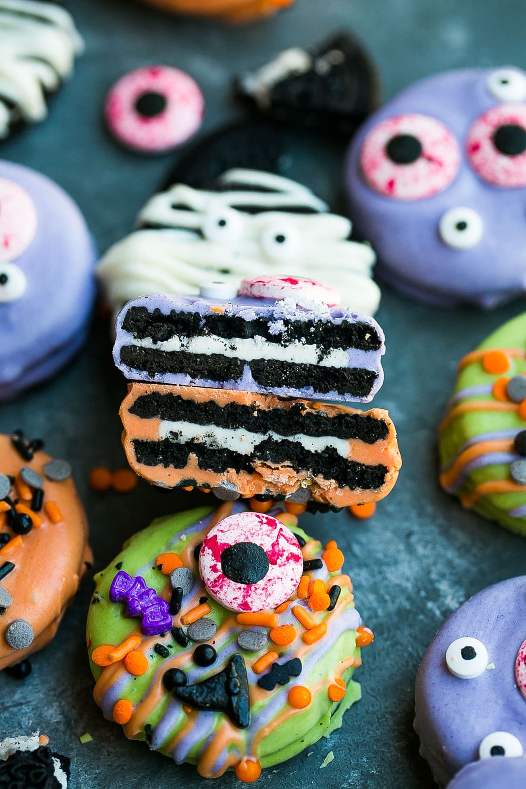 Inside of Halloween chocolate covered oreos.