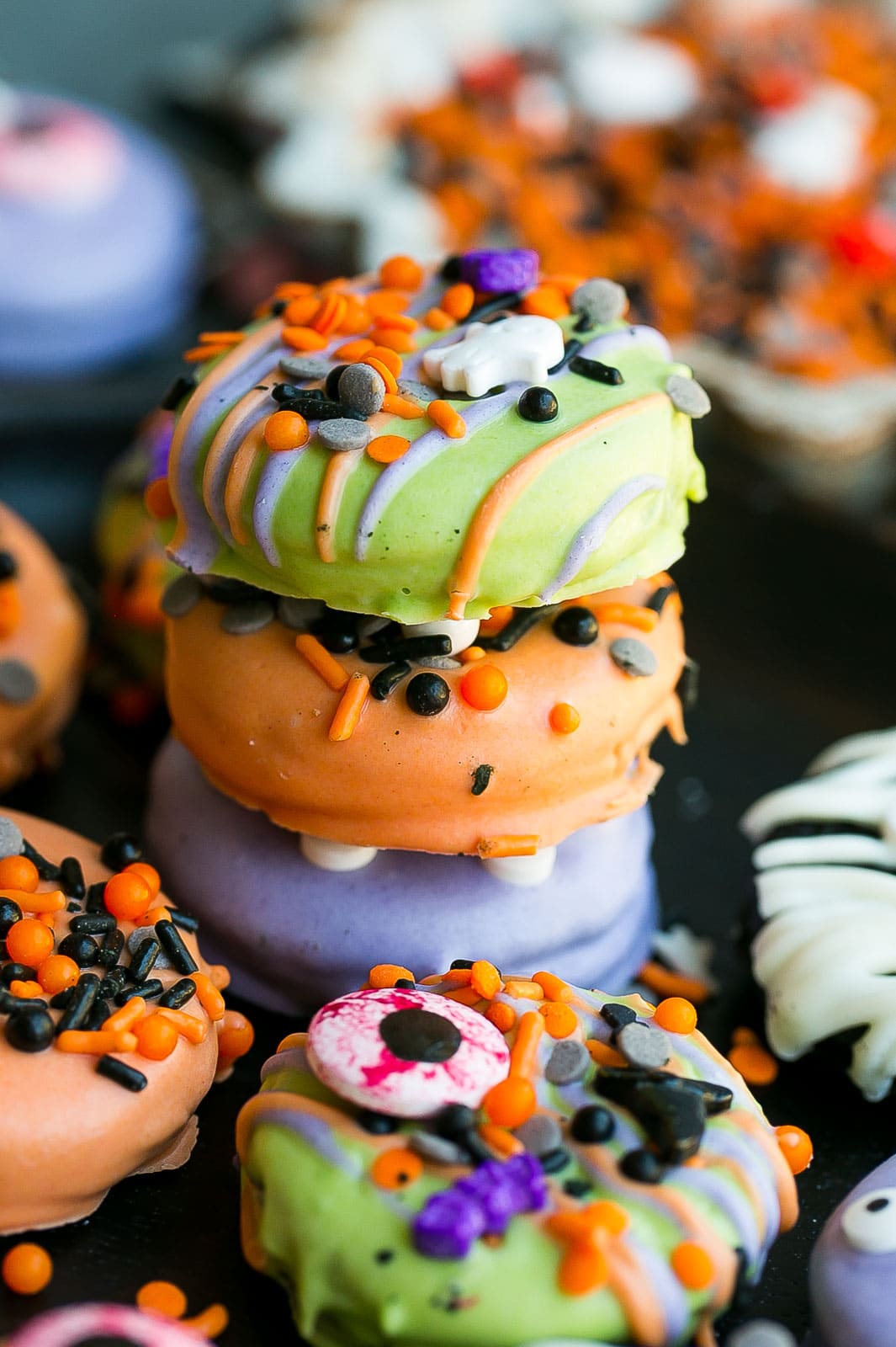 Stack of Oreo haloween cookies.