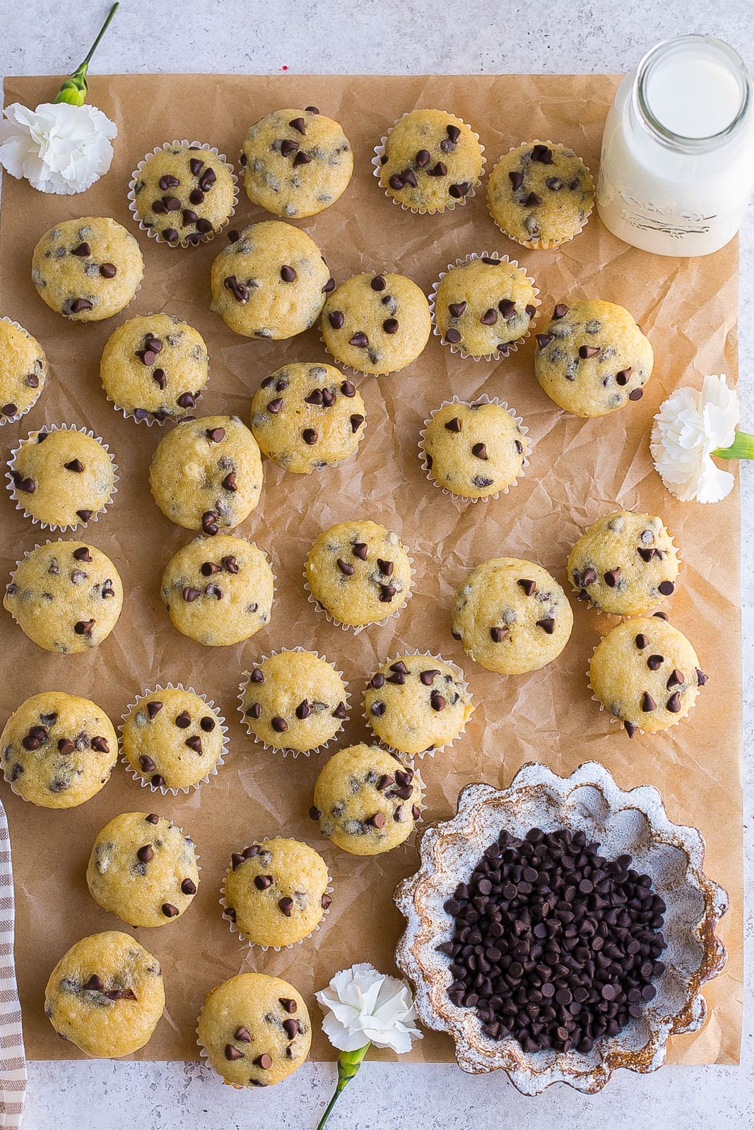 A lot of mini muffins with chocolate chips.