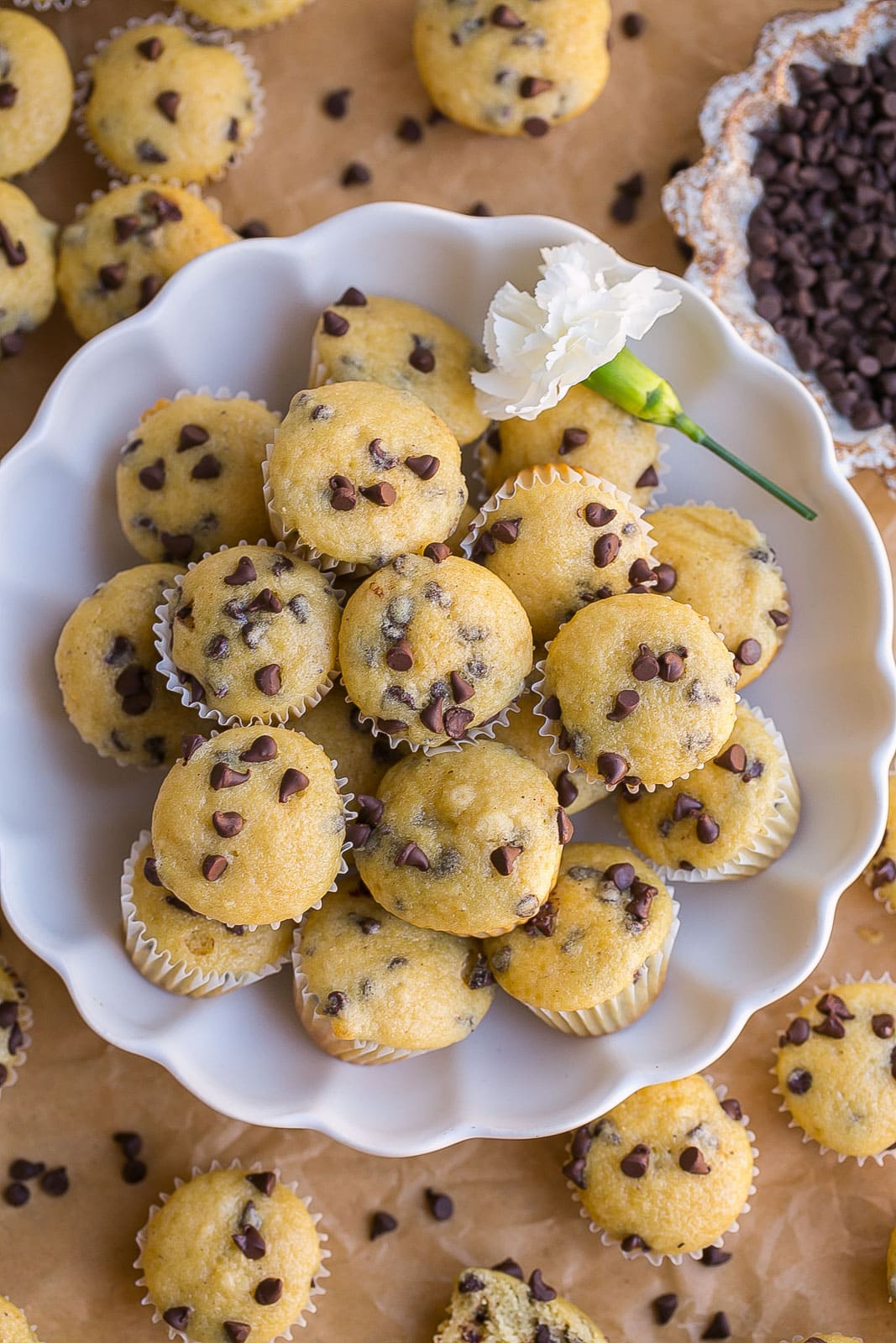 White bowl with chocolate chip mini muffins.