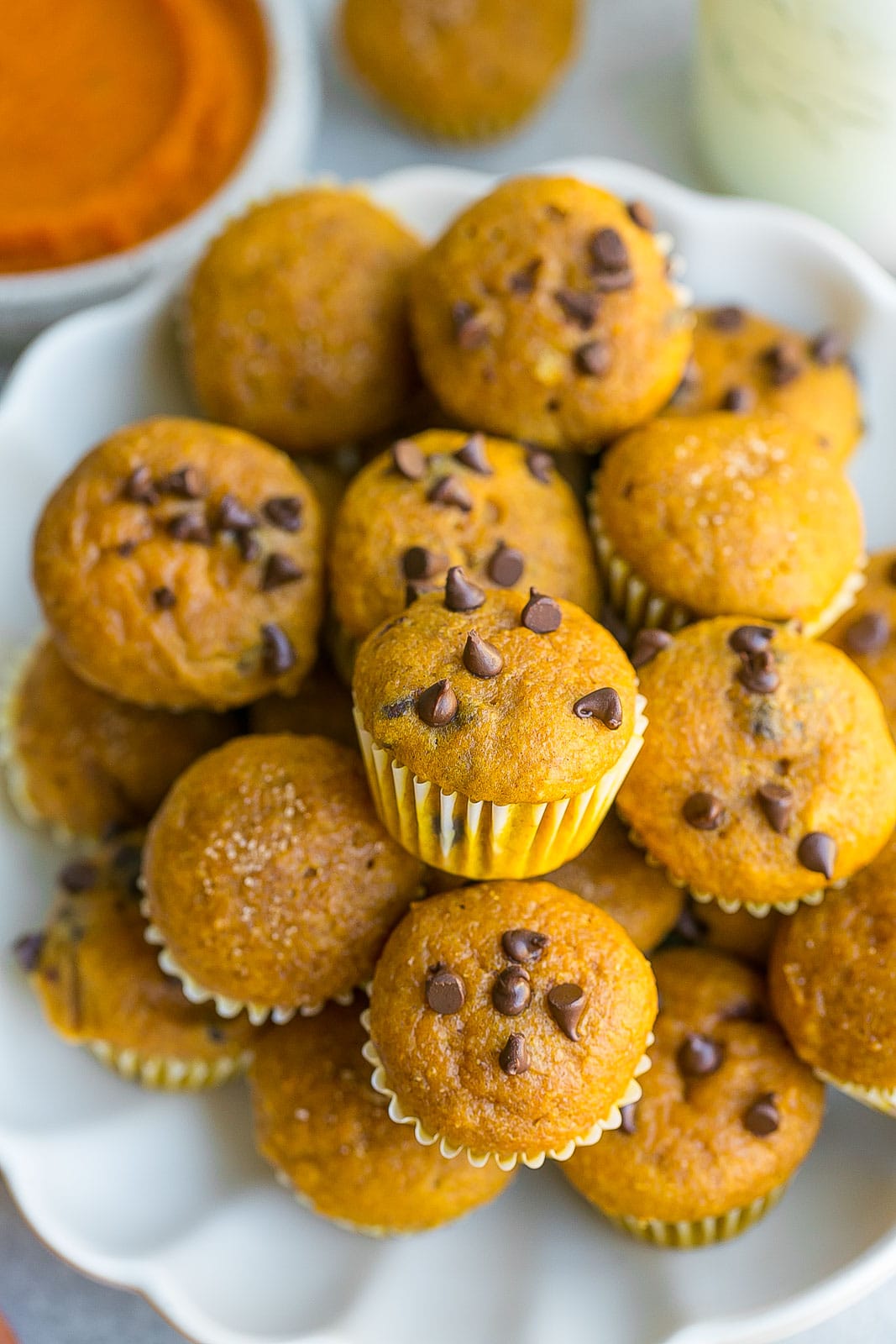 Mini Pumpkin Muffins in a white bowl.