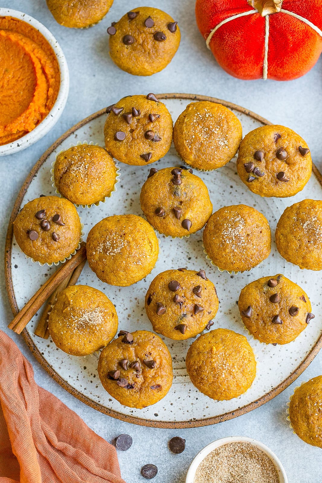 Mini Pumpkin Muffins with mini chocolate chips.