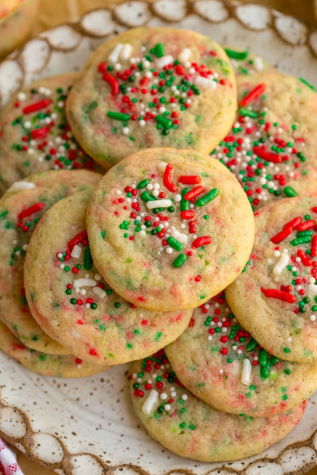 Mini sugar cookies with holiday sprinkles. 